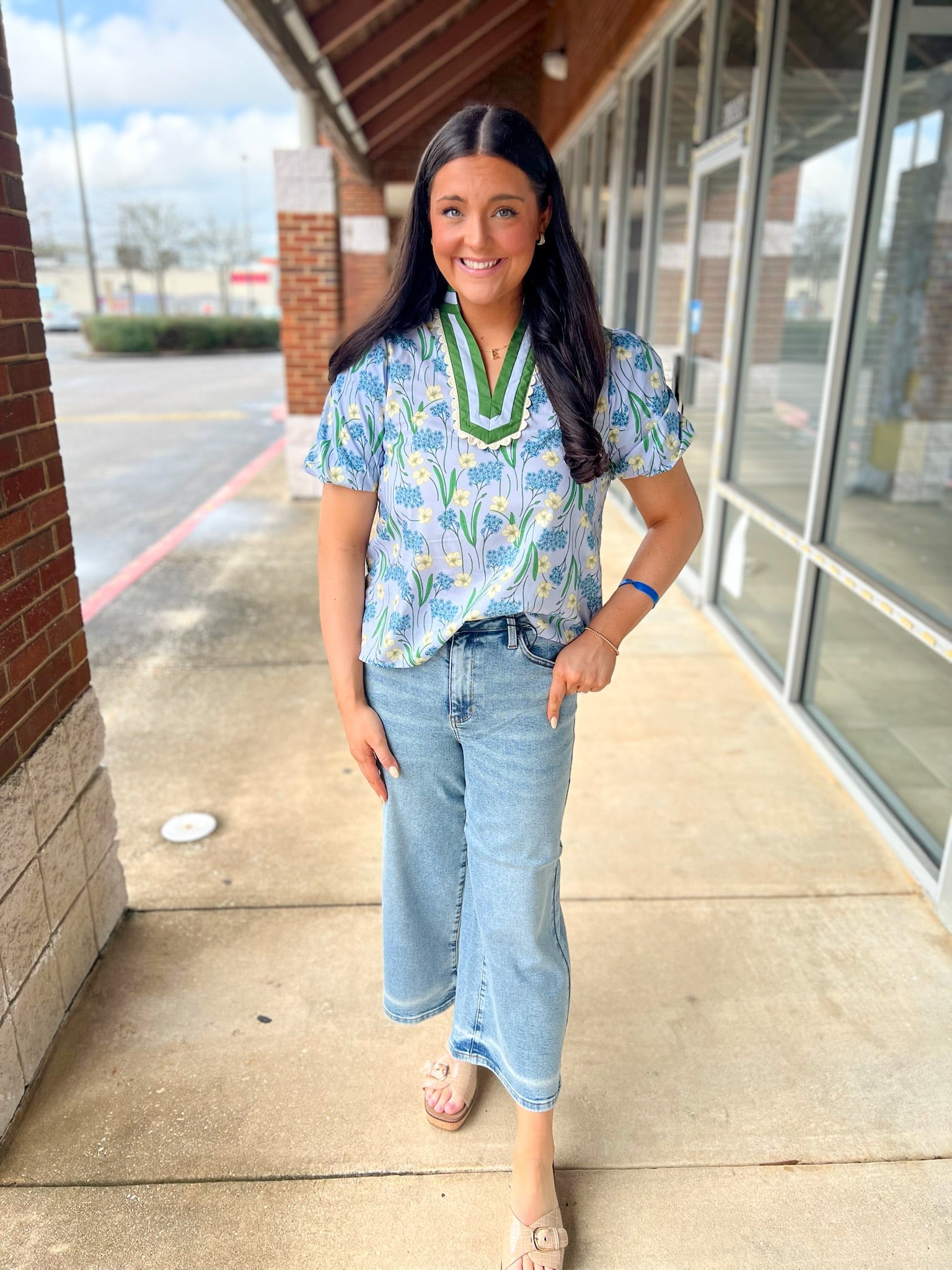 Blue Floral Puff Sleeve V - Neck Top (R) - A'Bekah's Boutique