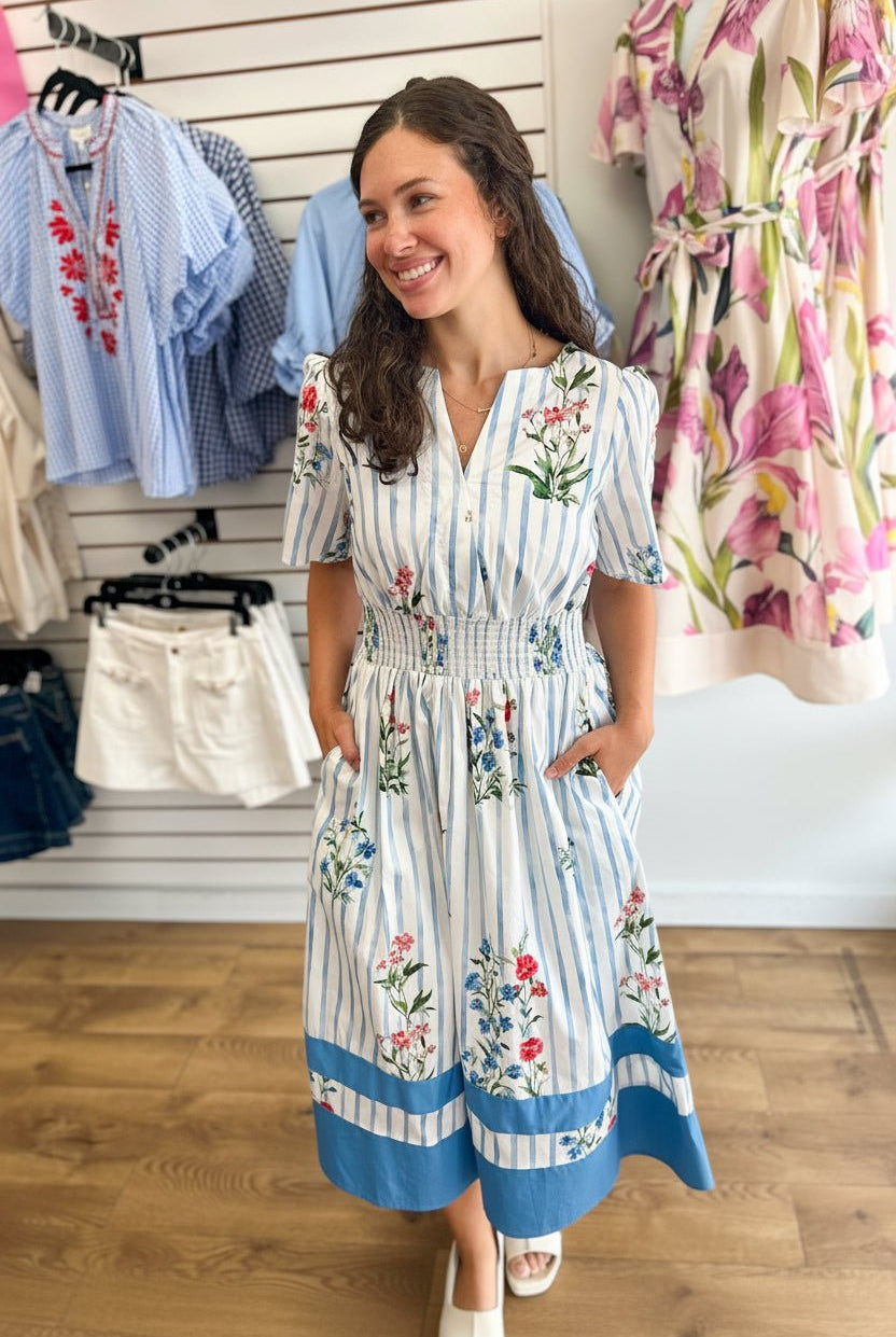 Blue Floral Striped Midi Dress with Smocked Waist - A'Bekah's Boutique