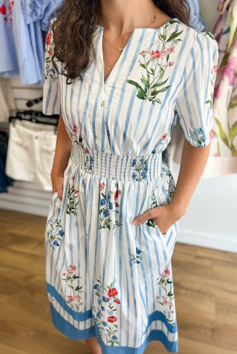 Blue Floral Striped Midi Dress with Smocked Waist - A'Bekah's Boutique