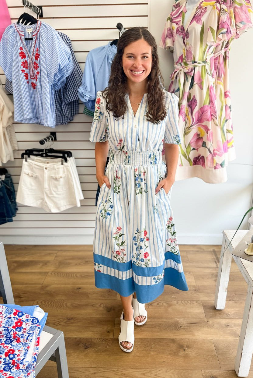 Blue Floral Striped Midi Dress with Smocked Waist - A'Bekah's Boutique