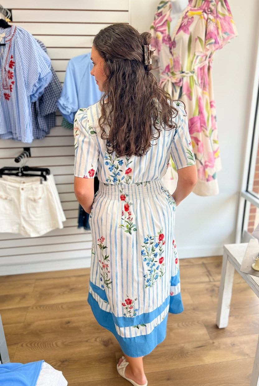 Blue Floral Striped Midi Dress with Smocked Waist - A'Bekah's Boutique