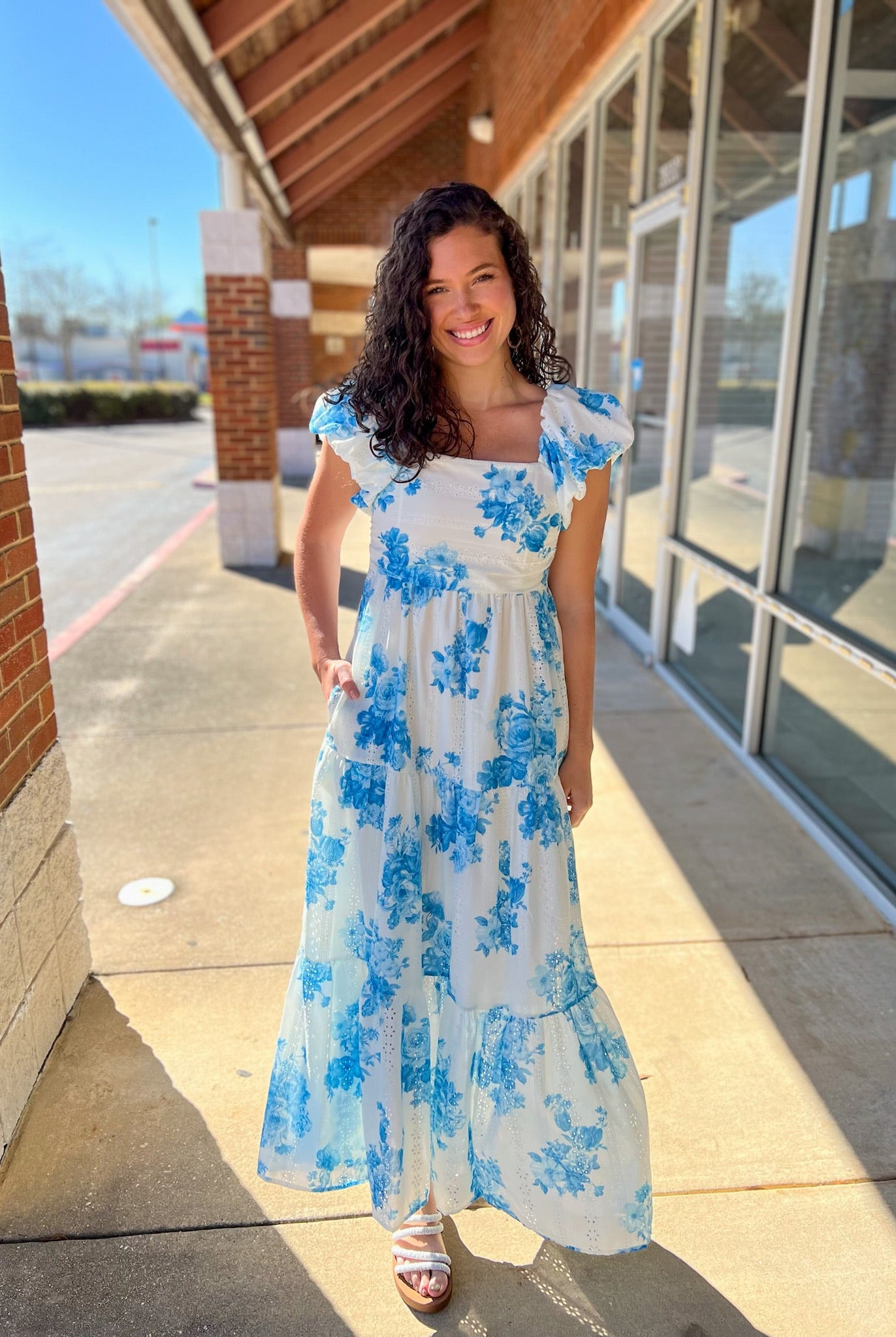 Blue Floral Tiered Maxi Dress with Cap Puff Sleeves - A'Bekah's Boutique