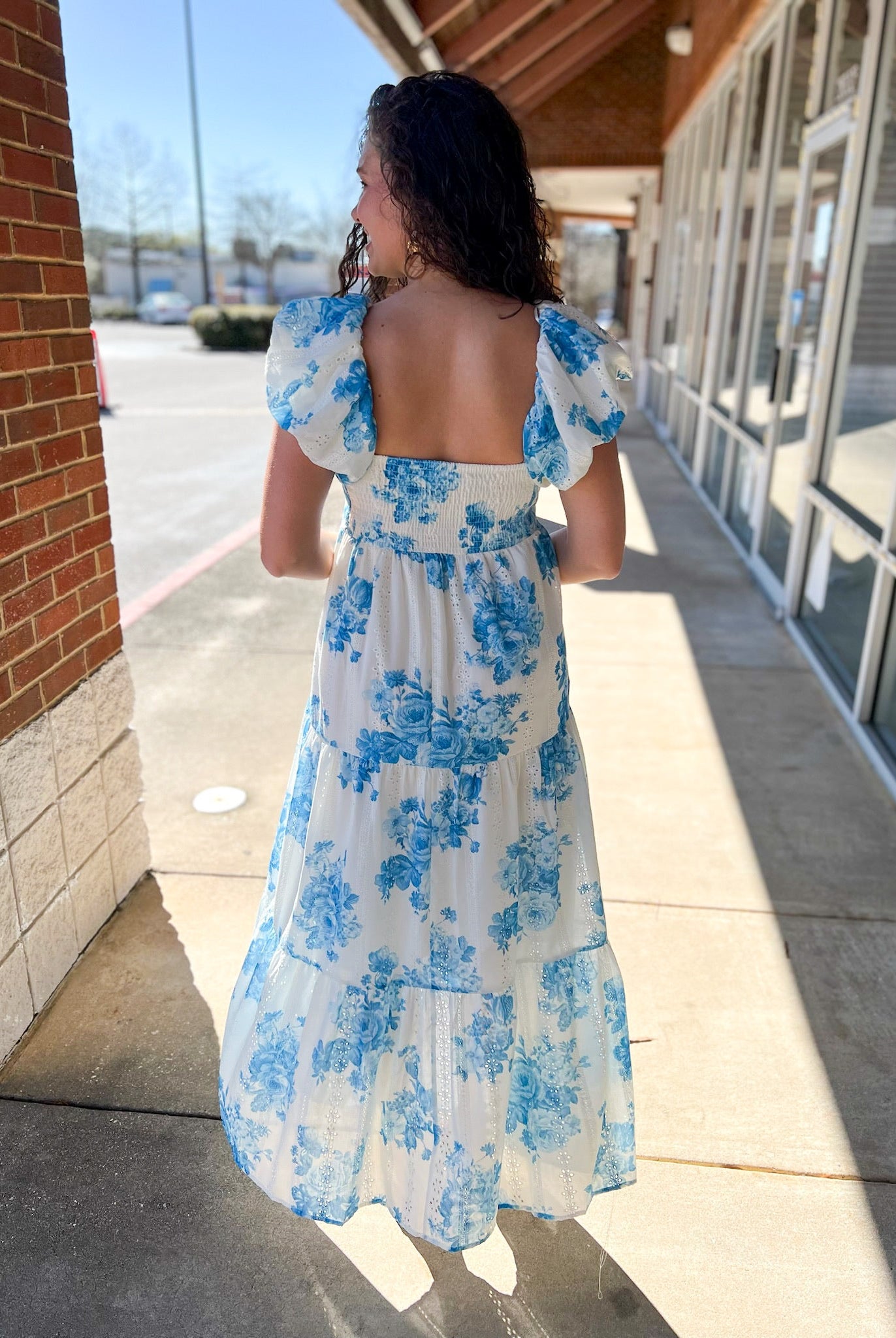 Blue Floral Tiered Maxi Dress with Cap Puff Sleeves - A'Bekah's Boutique