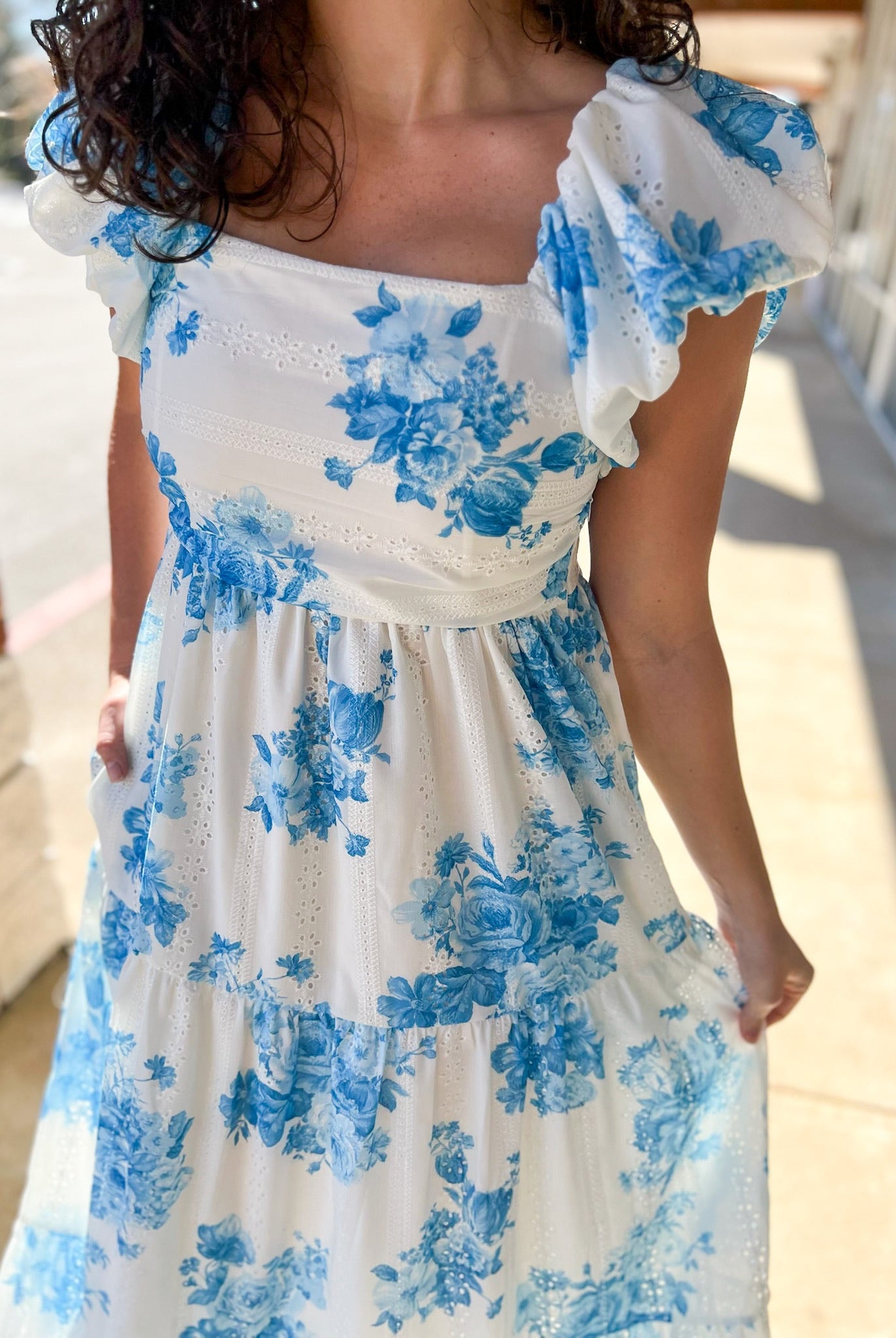 Blue Floral Tiered Maxi Dress with Cap Puff Sleeves - A'Bekah's Boutique