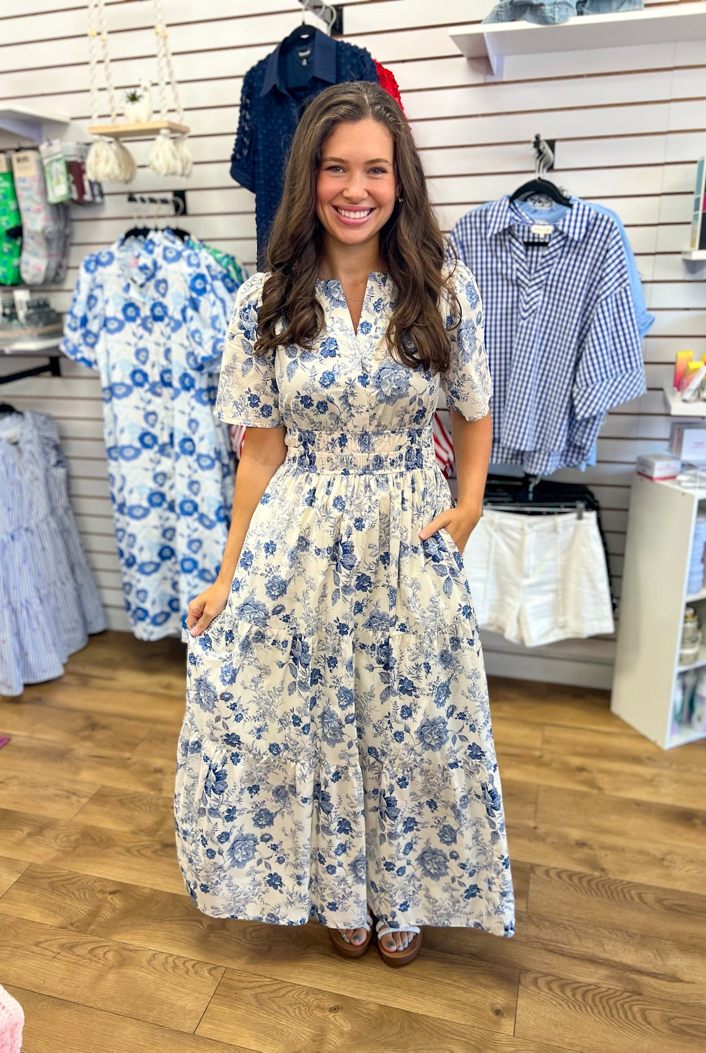 Blue Floral Tiered Maxi Dress with Smocked Waist - A'Bekah's Boutique