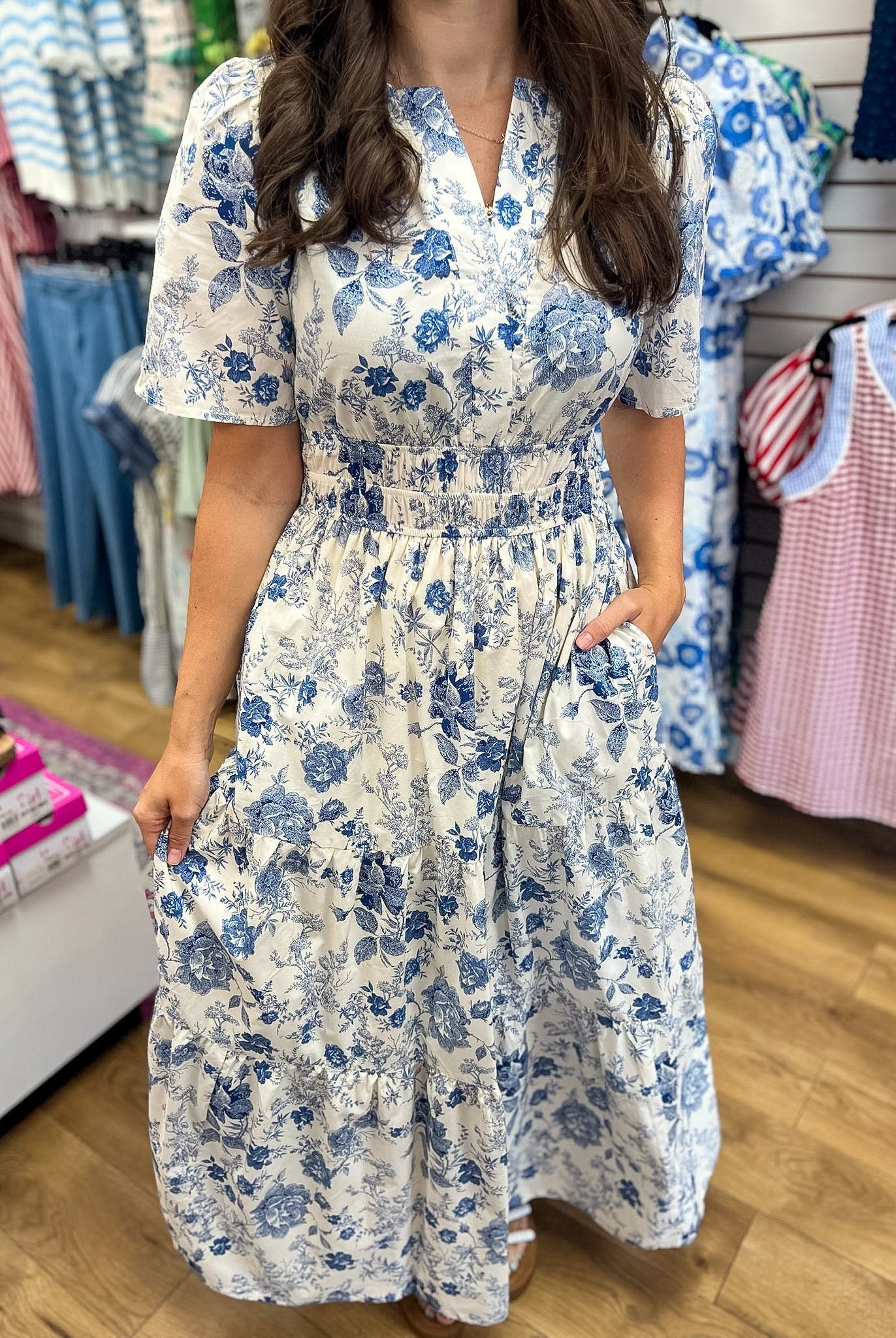 Blue Floral Tiered Maxi Dress with Smocked Waist - A'Bekah's Boutique