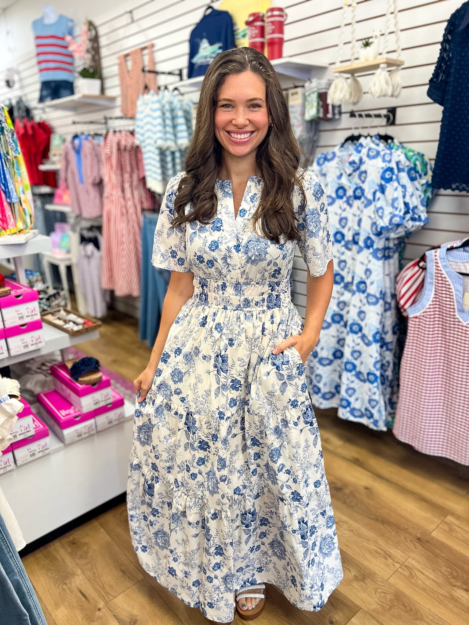 Blue Floral Tiered Maxi Dress with Smocked Waist - A'Bekah's Boutique