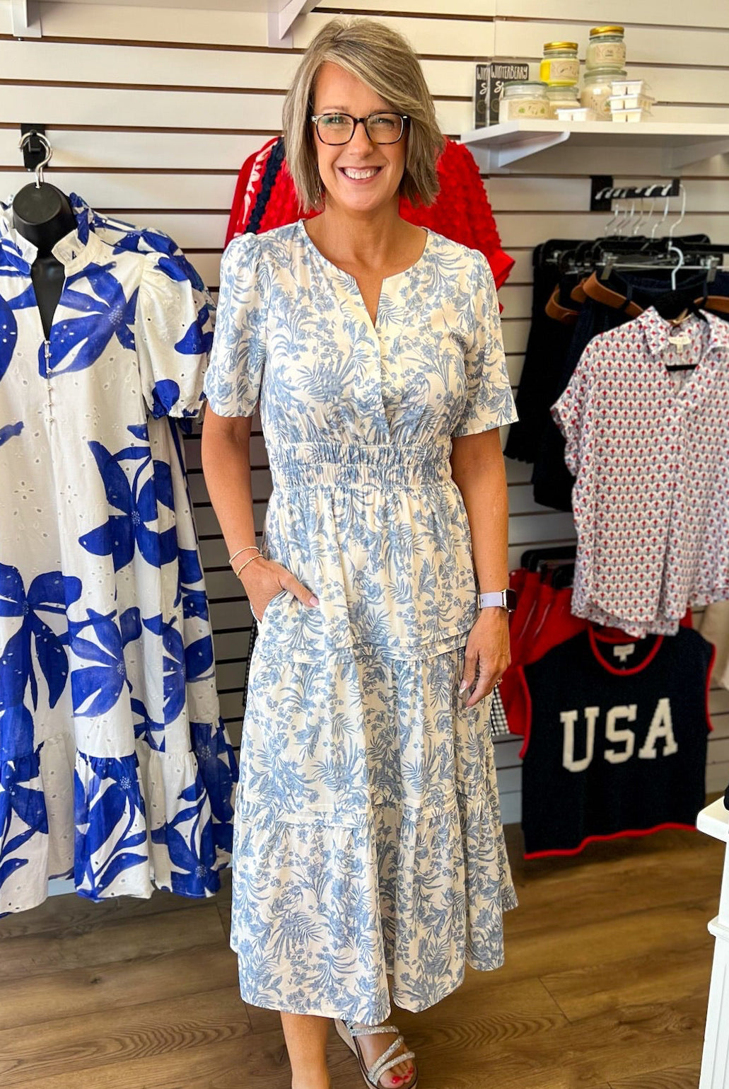 Blue Floral Tiered Midi Dress with Short Sleeves and Smocked Waist - A'Bekah's Boutique