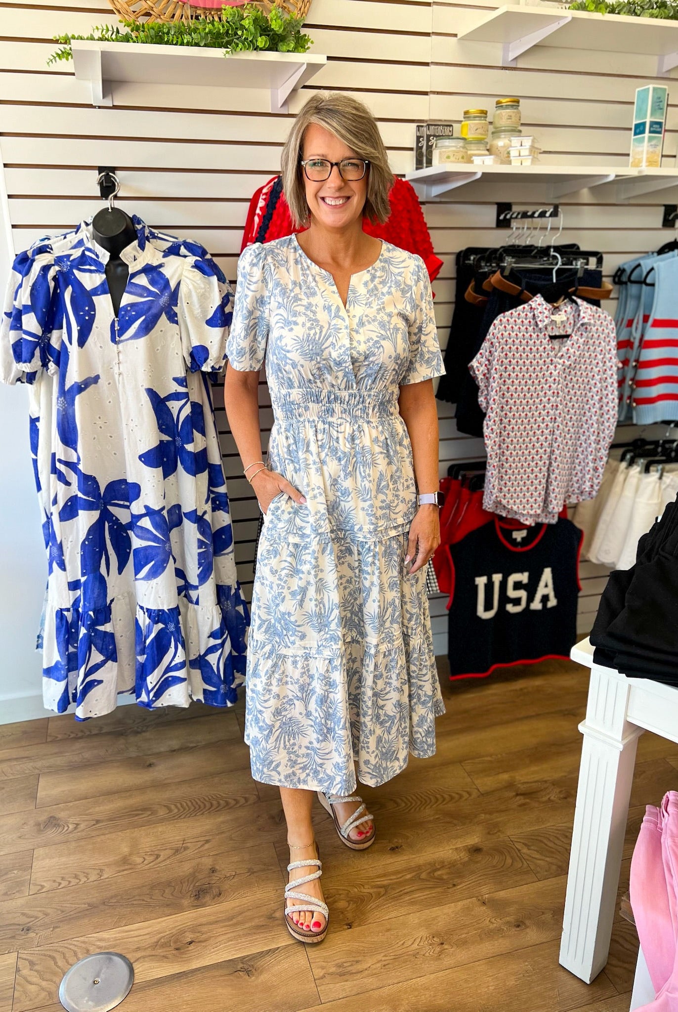 Blue Floral Tiered Midi Dress with Short Sleeves and Smocked Waist - A'Bekah's Boutique