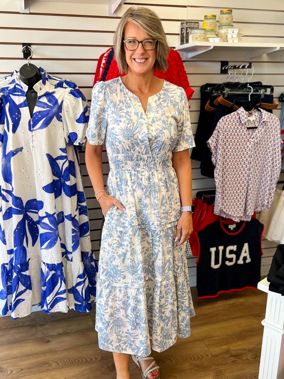 Blue Floral Tiered Midi Dress with Short Sleeves and Smocked Waist - A'Bekah's Boutique