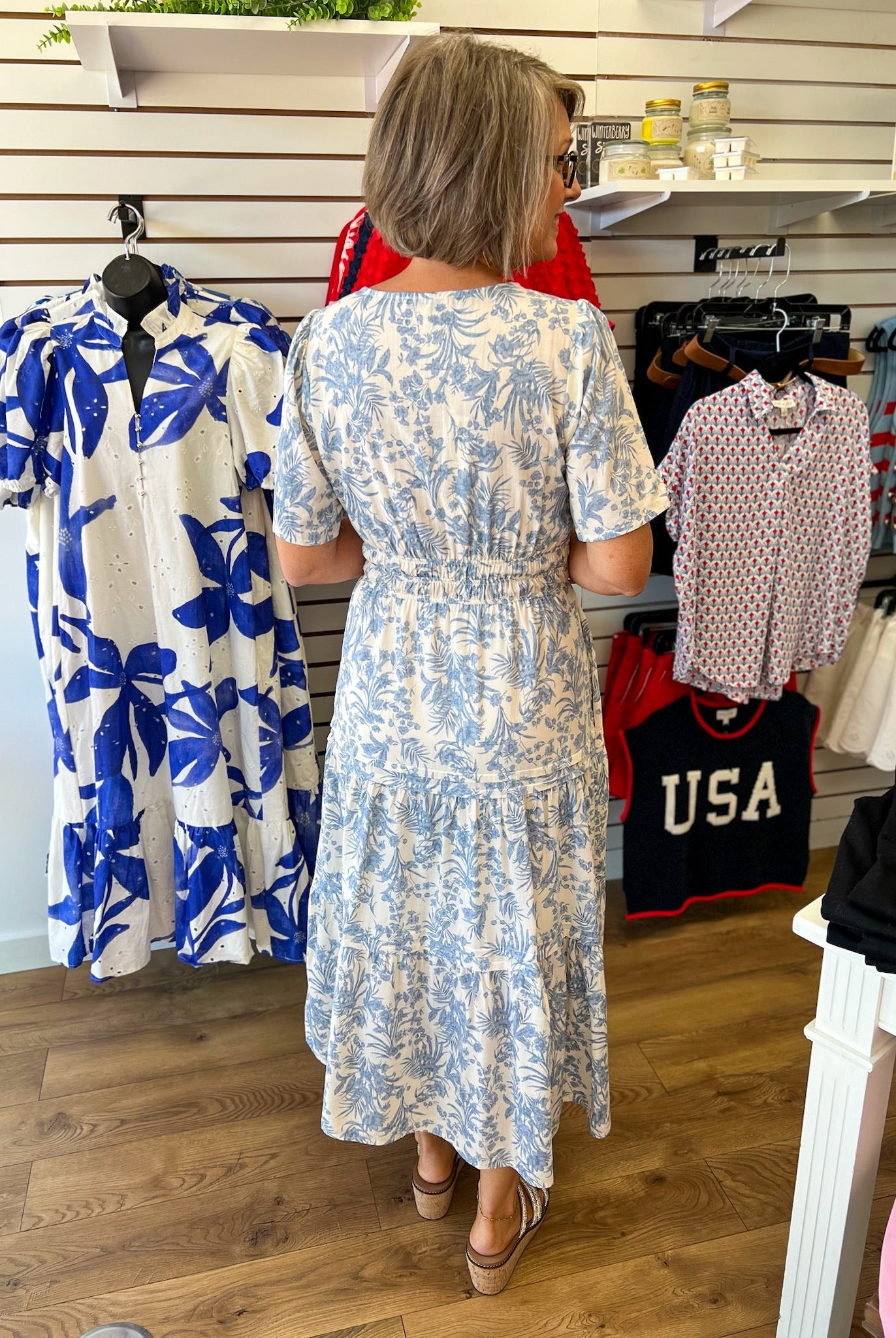 Blue Floral Tiered Midi Dress with Short Sleeves and Smocked Waist - A'Bekah's Boutique