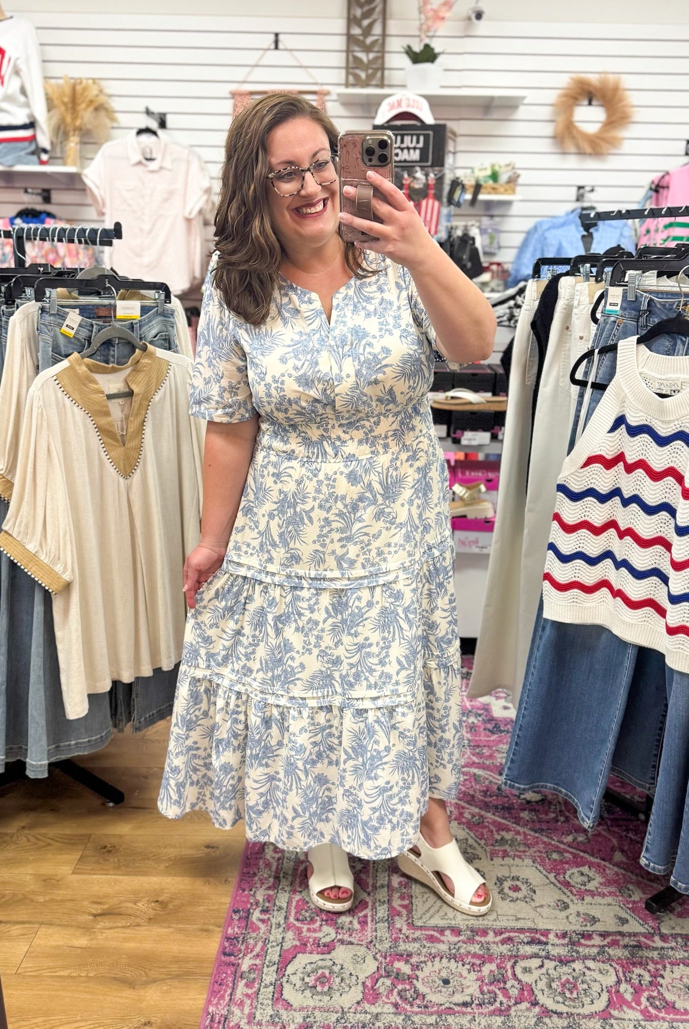 Blue Floral Tiered Midi Dress with Short Sleeves and Smocked Waist - A'Bekah's Boutique