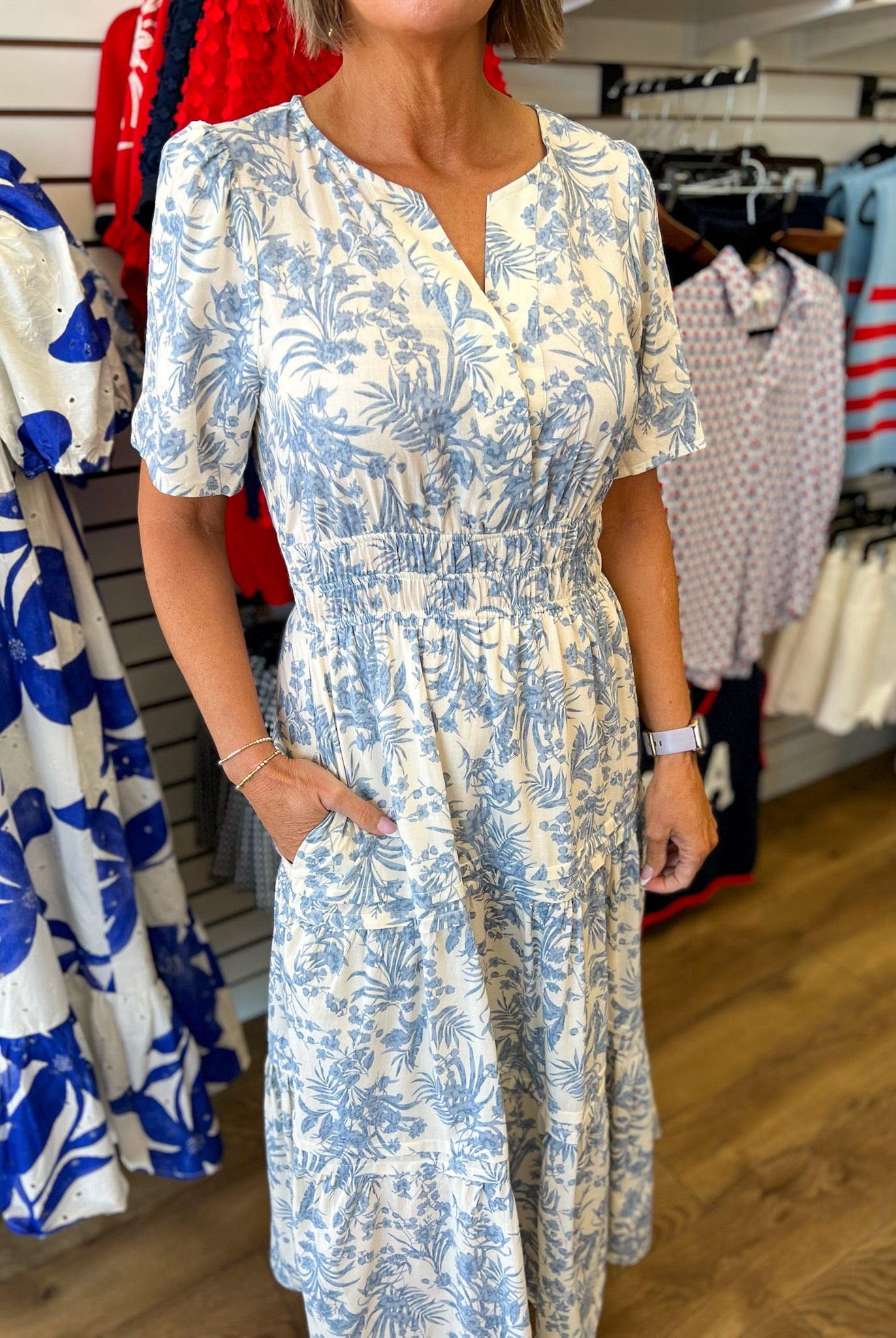 Blue Floral Tiered Midi Dress with Short Sleeves and Smocked Waist - A'Bekah's Boutique