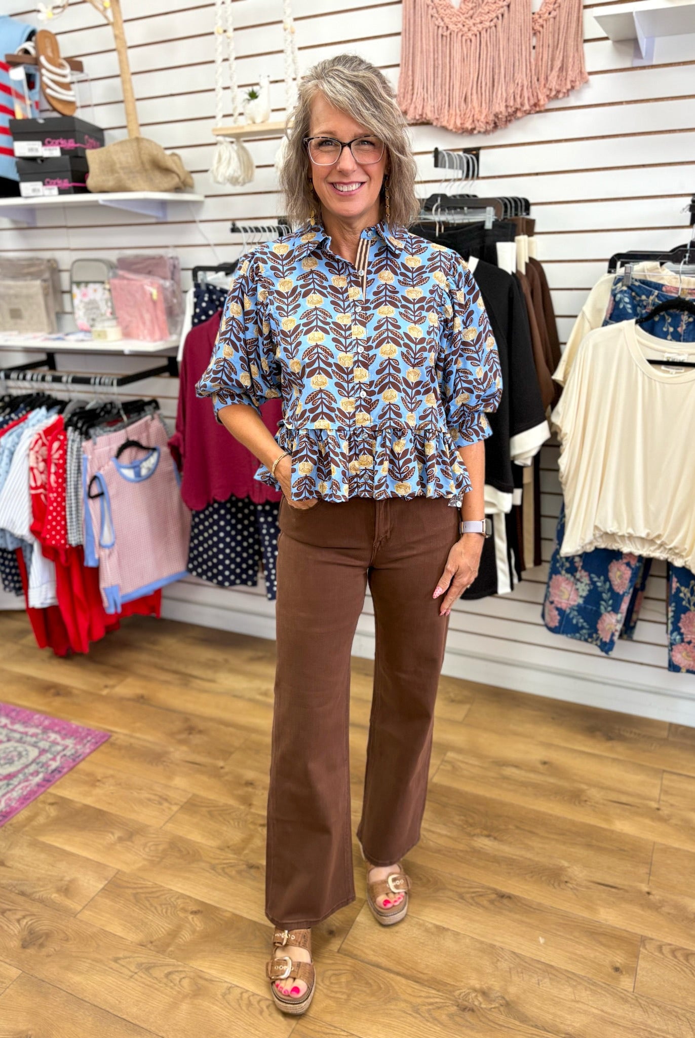 Blue Floral Top with Puff Sleeves and Ruffle Hem - A'Bekah's Boutique