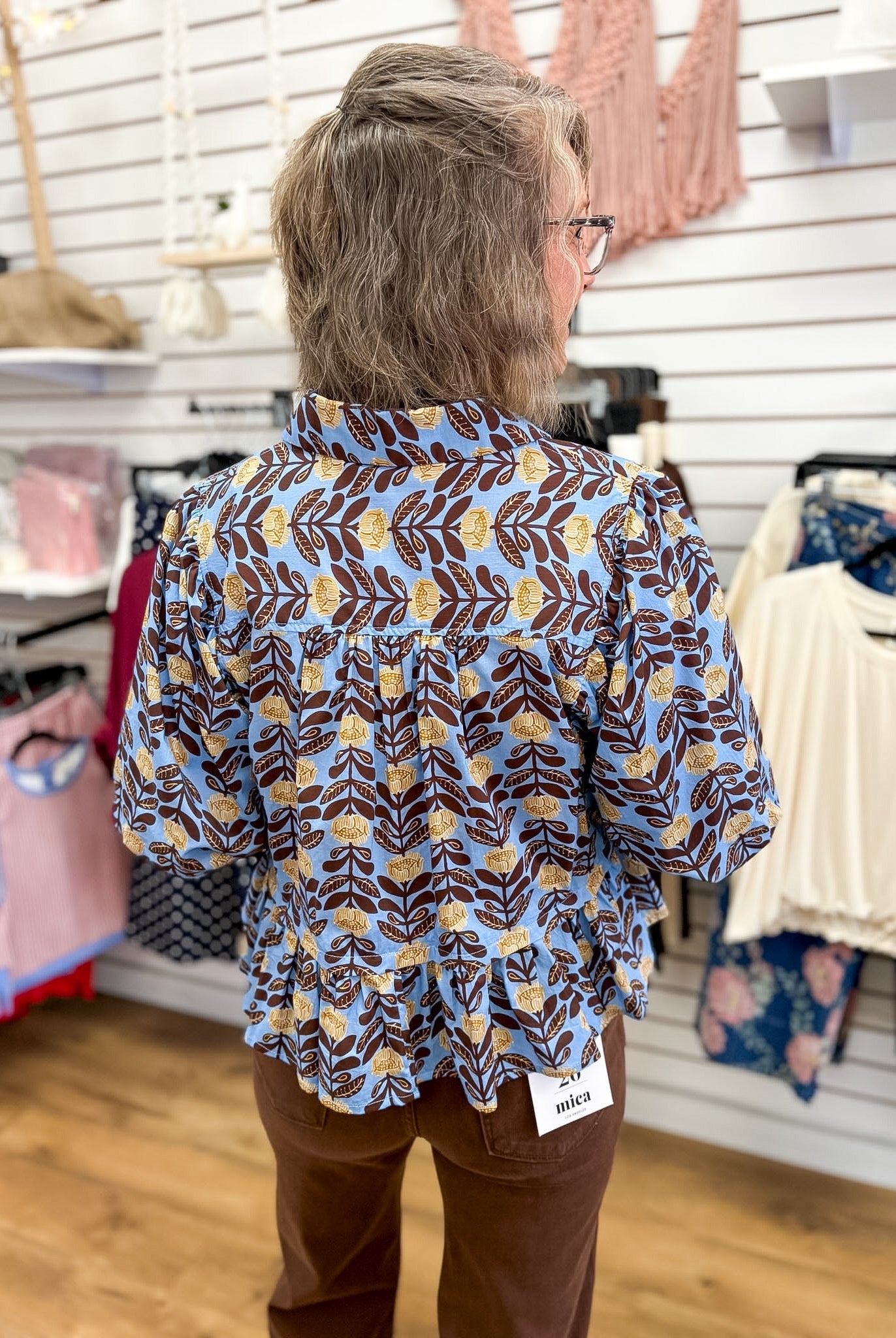 Blue Floral Top with Puff Sleeves and Ruffle Hem - A'Bekah's Boutique