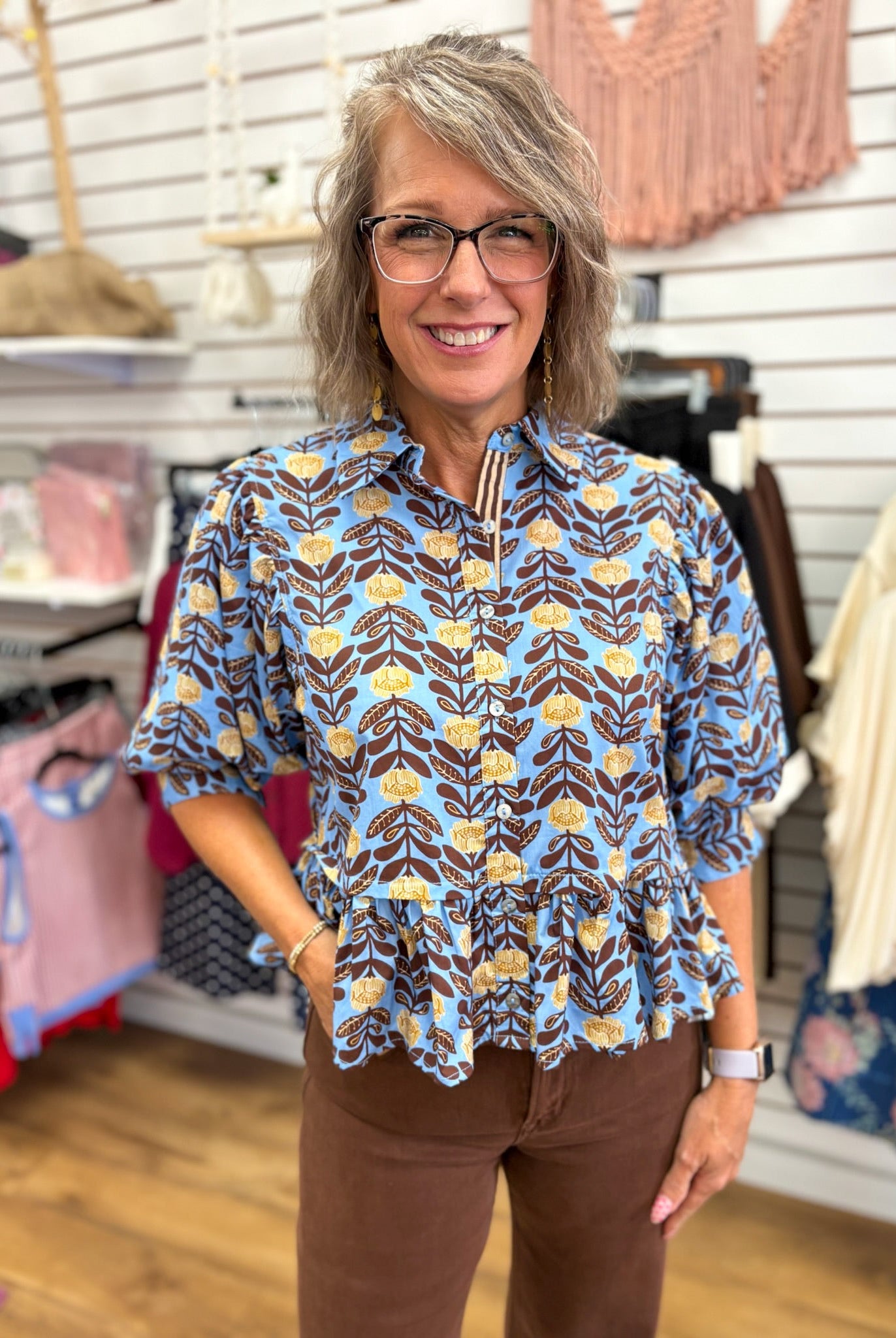 Blue Floral Top with Puff Sleeves and Ruffle Hem - A'Bekah's Boutique