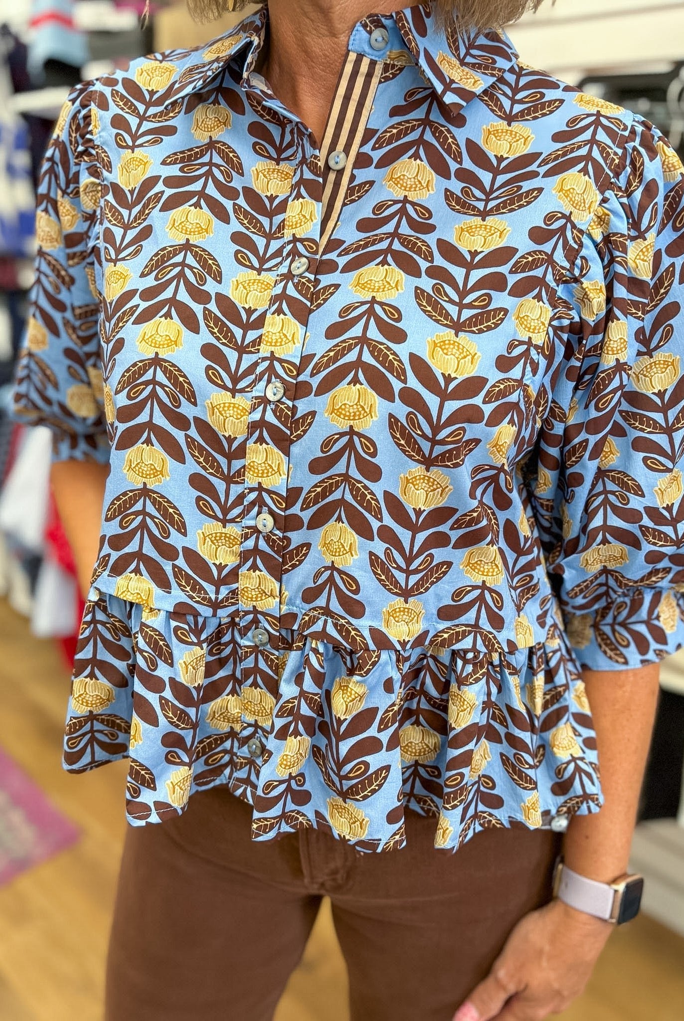 Blue Floral Top with Puff Sleeves and Ruffle Hem - A'Bekah's Boutique