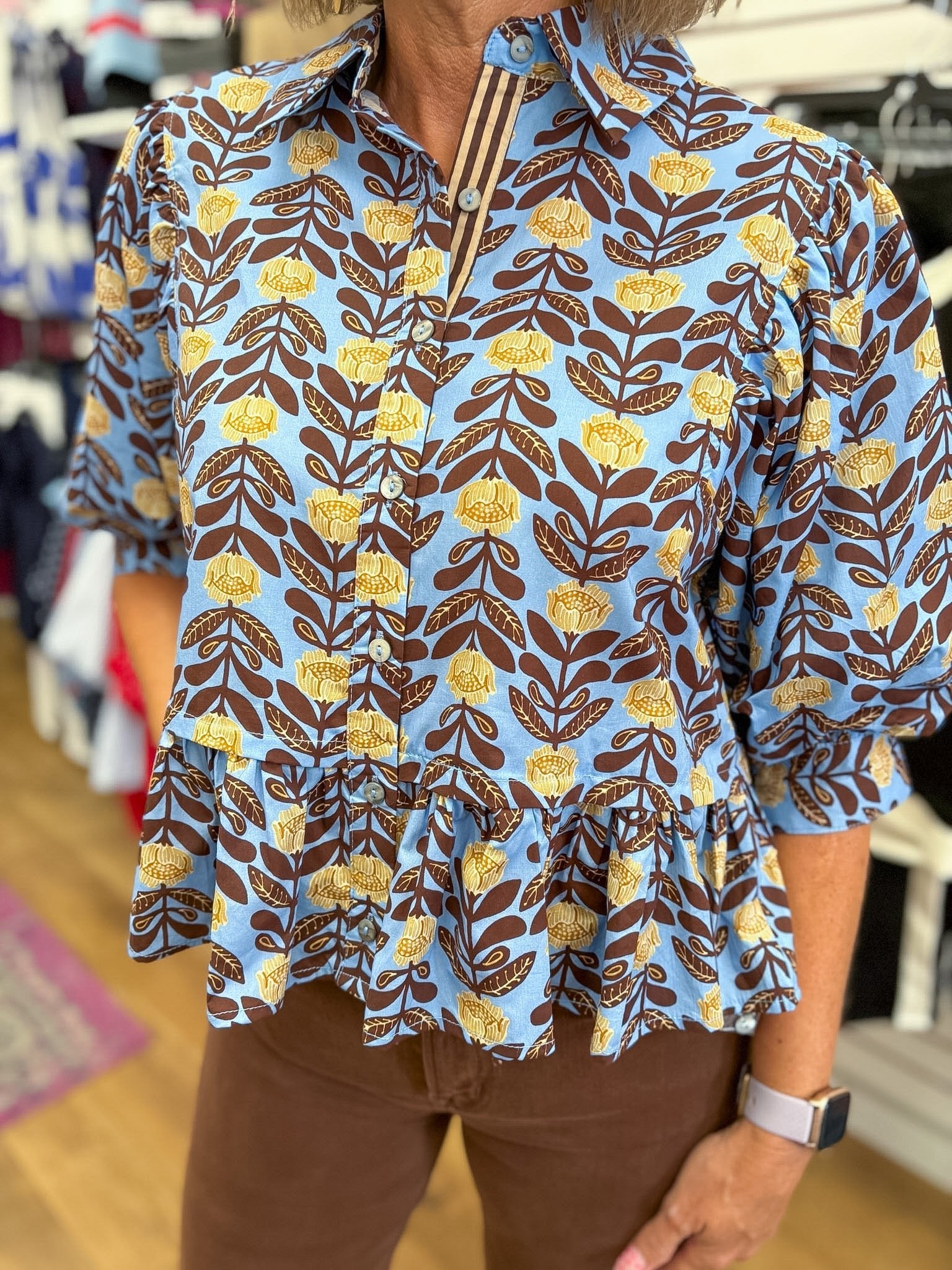 Blue Floral Top with Puff Sleeves and Ruffle Hem - A'Bekah's Boutique