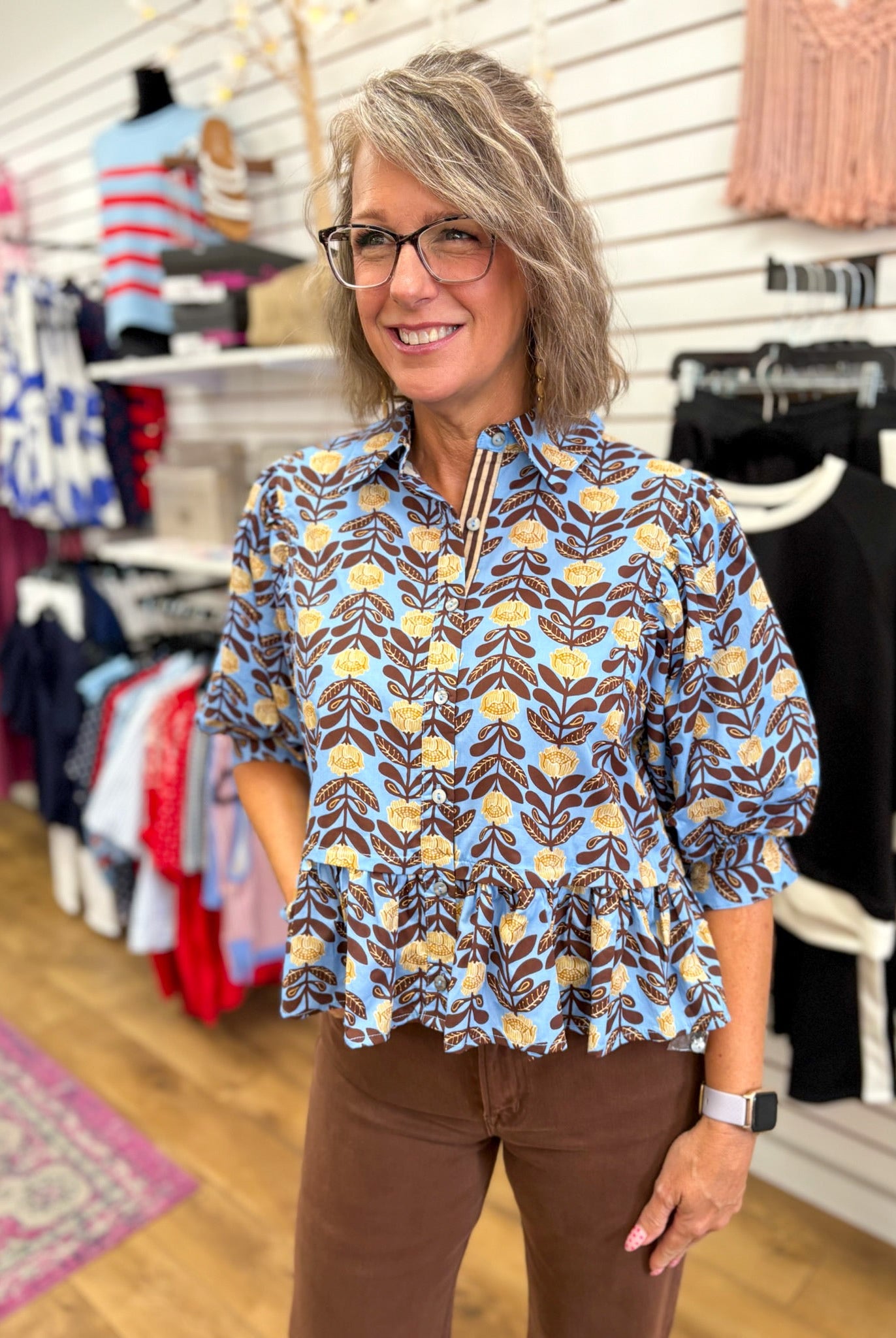 Blue Floral Top with Puff Sleeves and Ruffle Hem - A'Bekah's Boutique