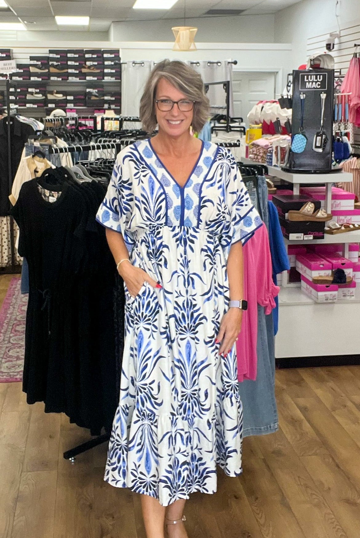 Blue Floral V - Neck Midi Dress with Empire Waist - A'Bekah's Boutique