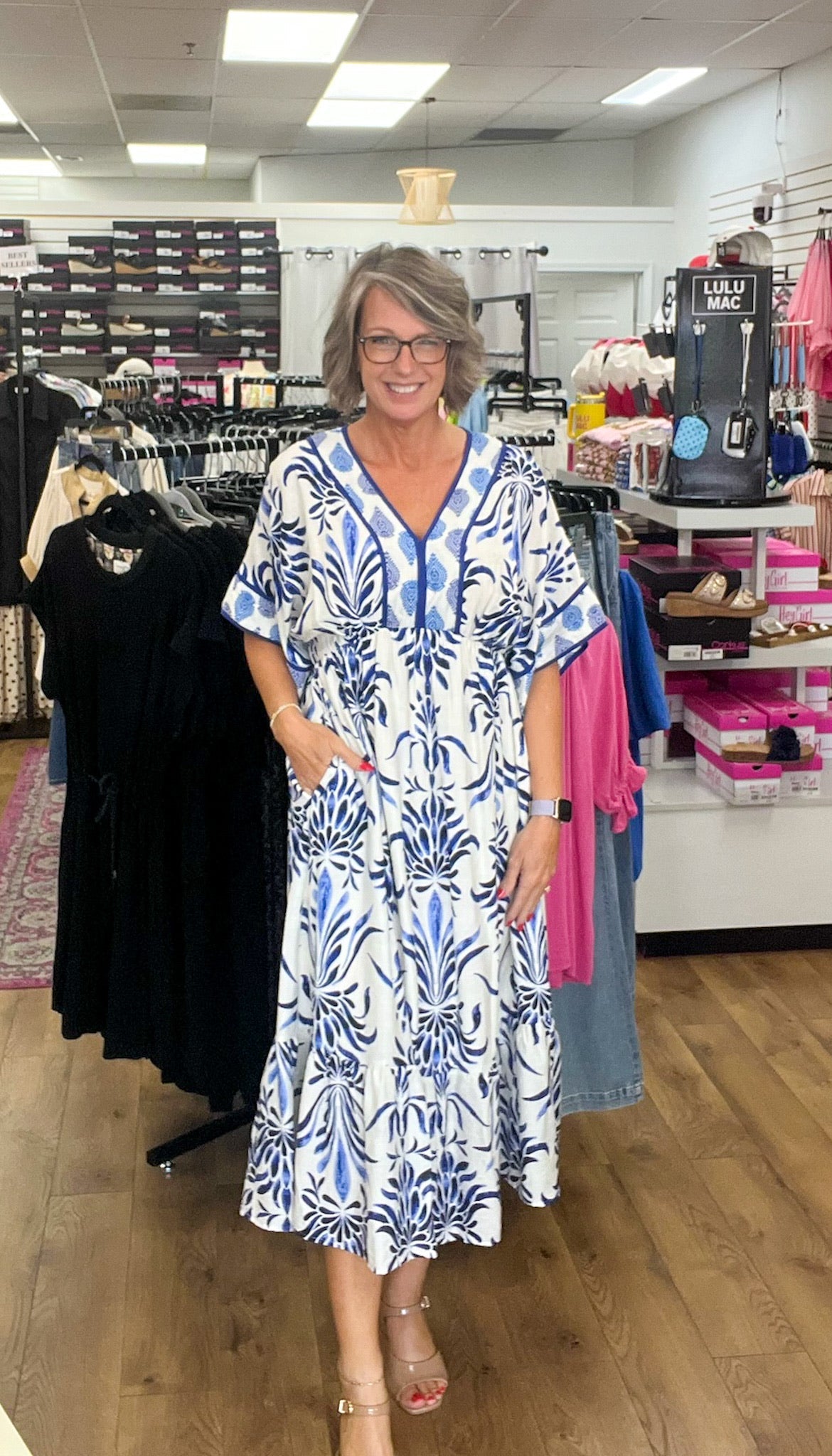 Blue Floral V - Neck Midi Dress with Empire Waist - A'Bekah's Boutique