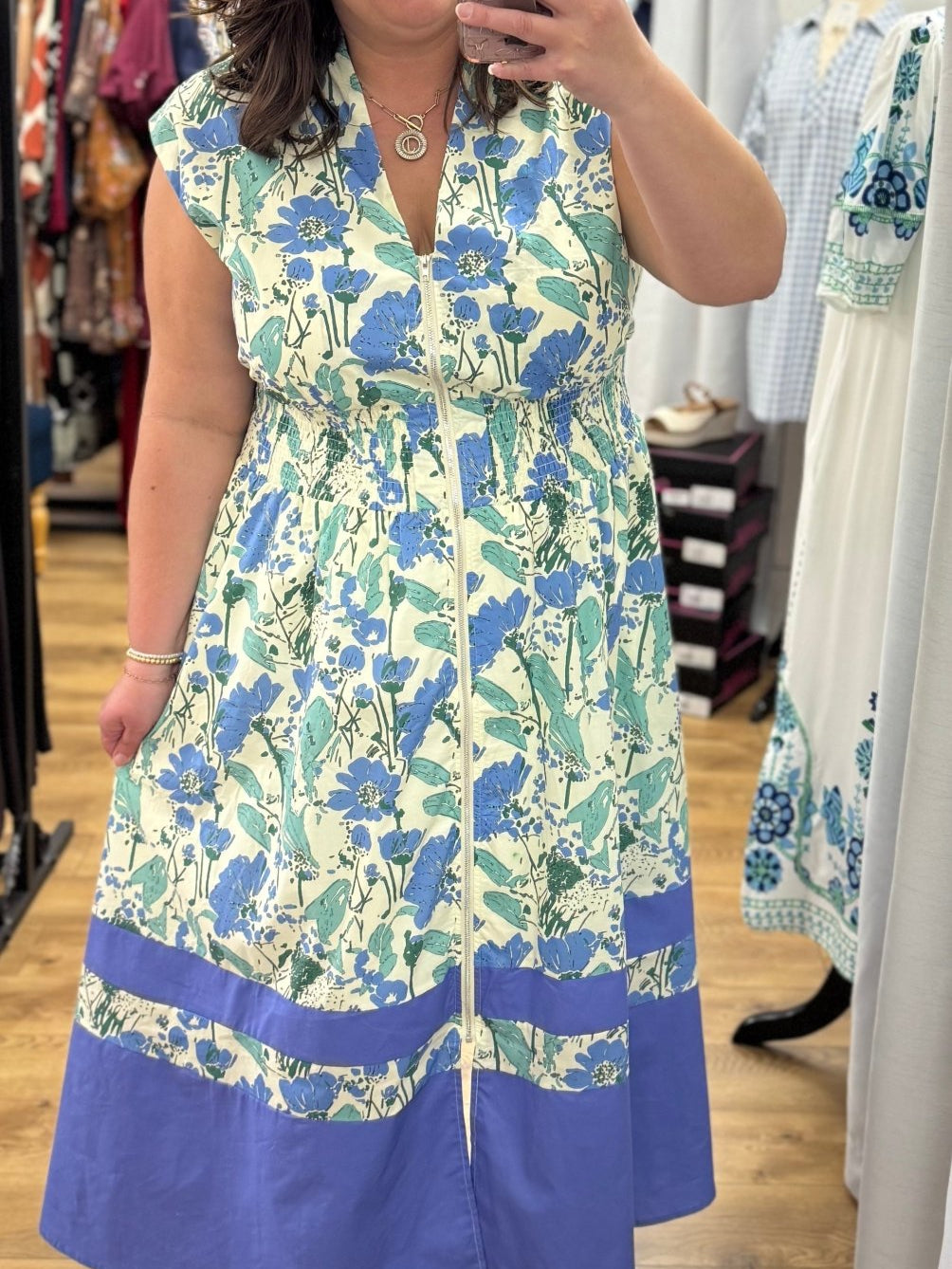 Blue Floral Zip Front Midi Dress - A'Bekah's Boutique