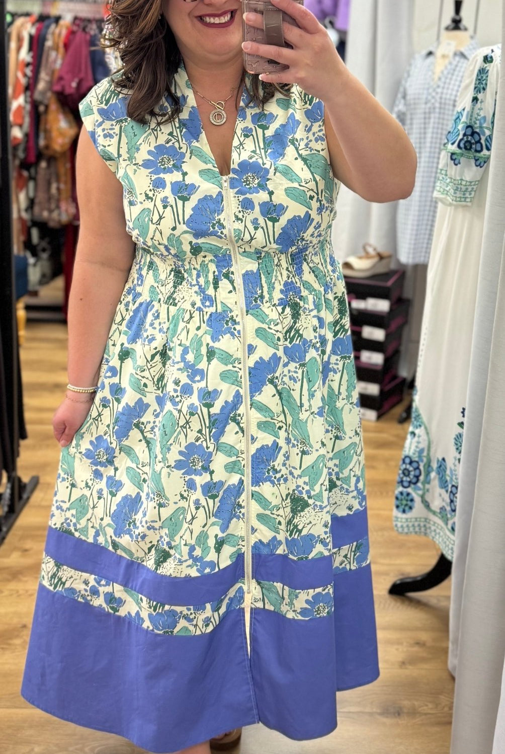 Blue Floral Zip Front Midi Dress - A'Bekah's Boutique