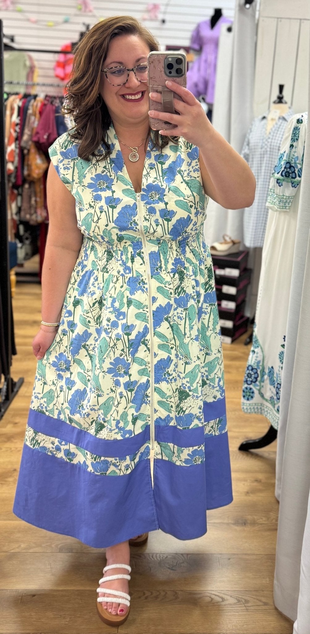 Blue Floral Zip Front Midi Dress - A'Bekah's Boutique