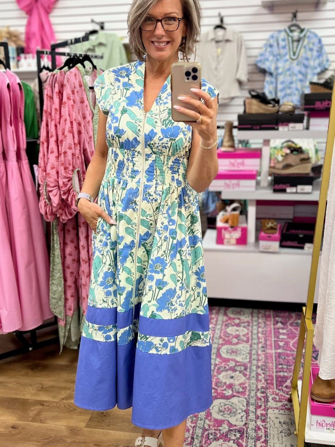 Blue Floral Zip Front Midi Dress - A'Bekah's Boutique