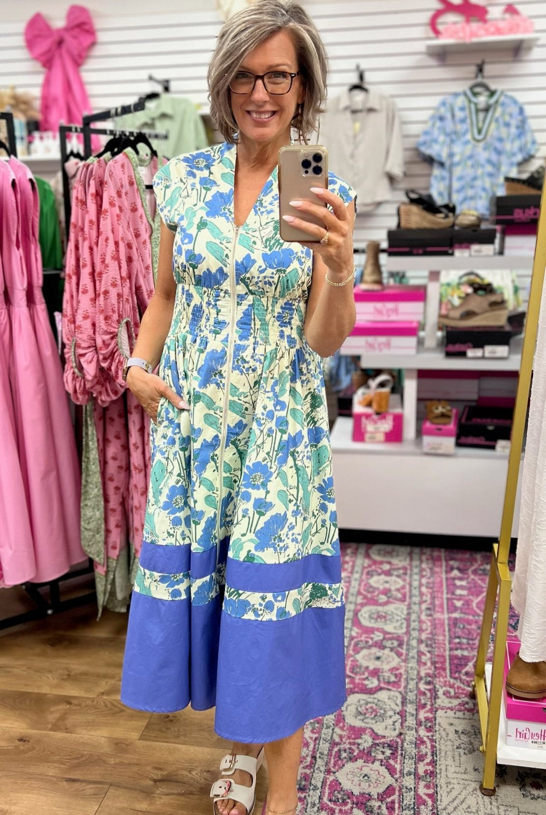 Blue Floral Zip Front Midi Dress - A'Bekah's Boutique
