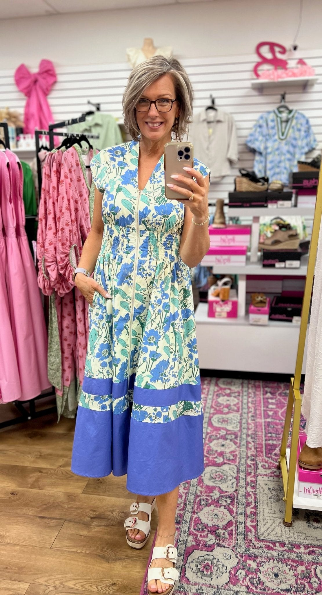 Blue Floral Zip Front Midi Dress - A'Bekah's Boutique