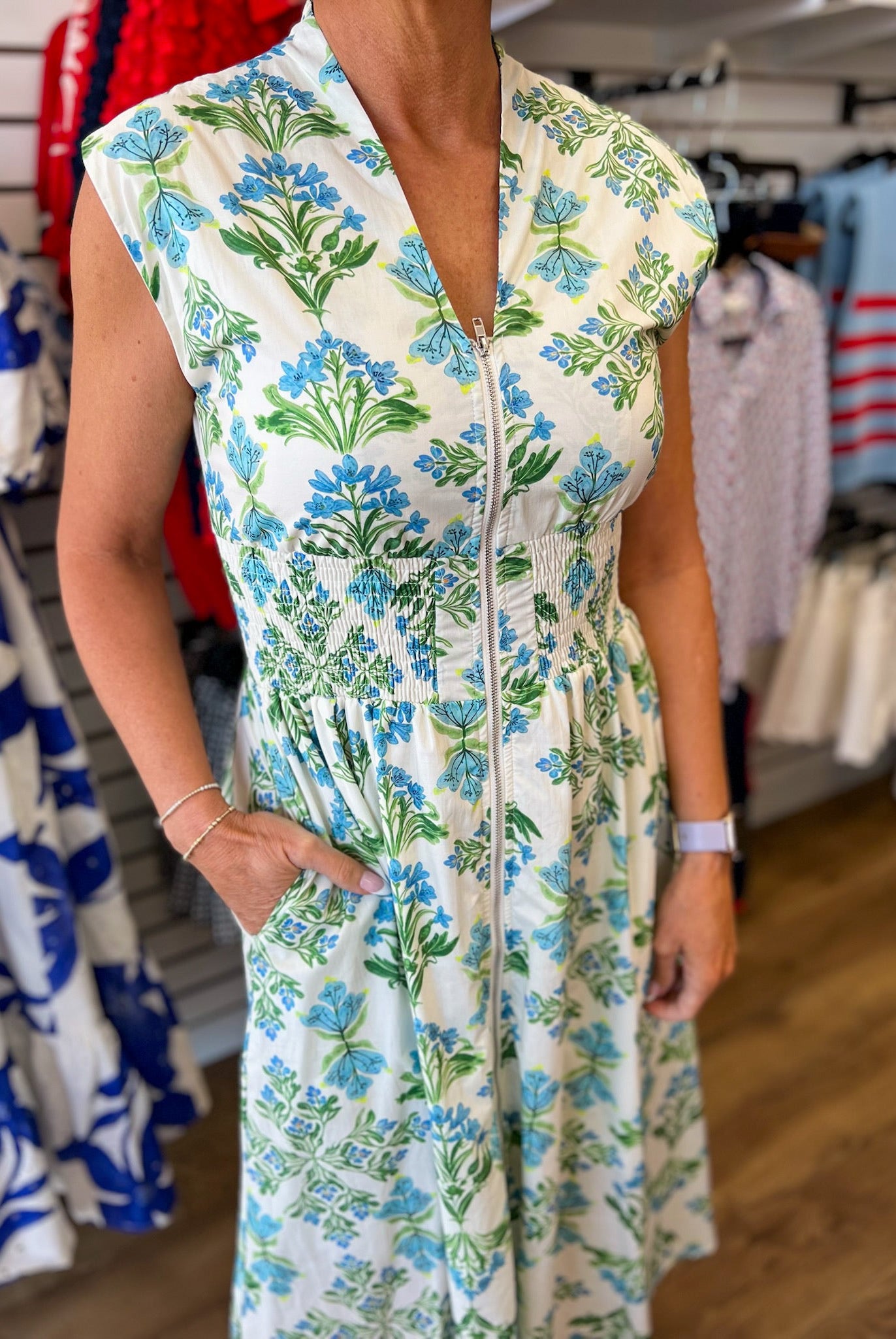 Blue Floral Zip Front Midi Dress with Pockets - A'Bekah's Boutique