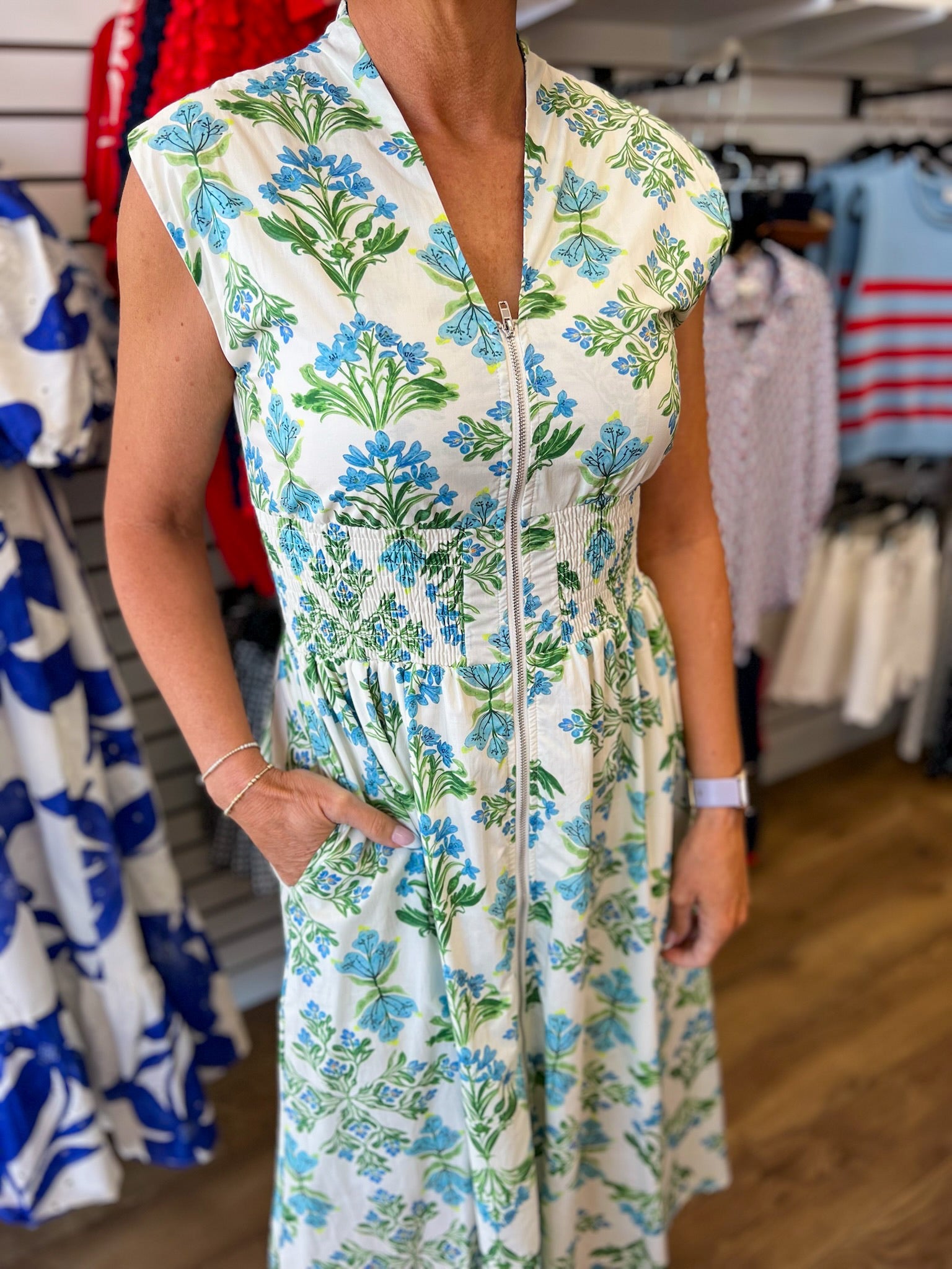 Blue Floral Zip Front Midi Dress with Pockets - A'Bekah's Boutique