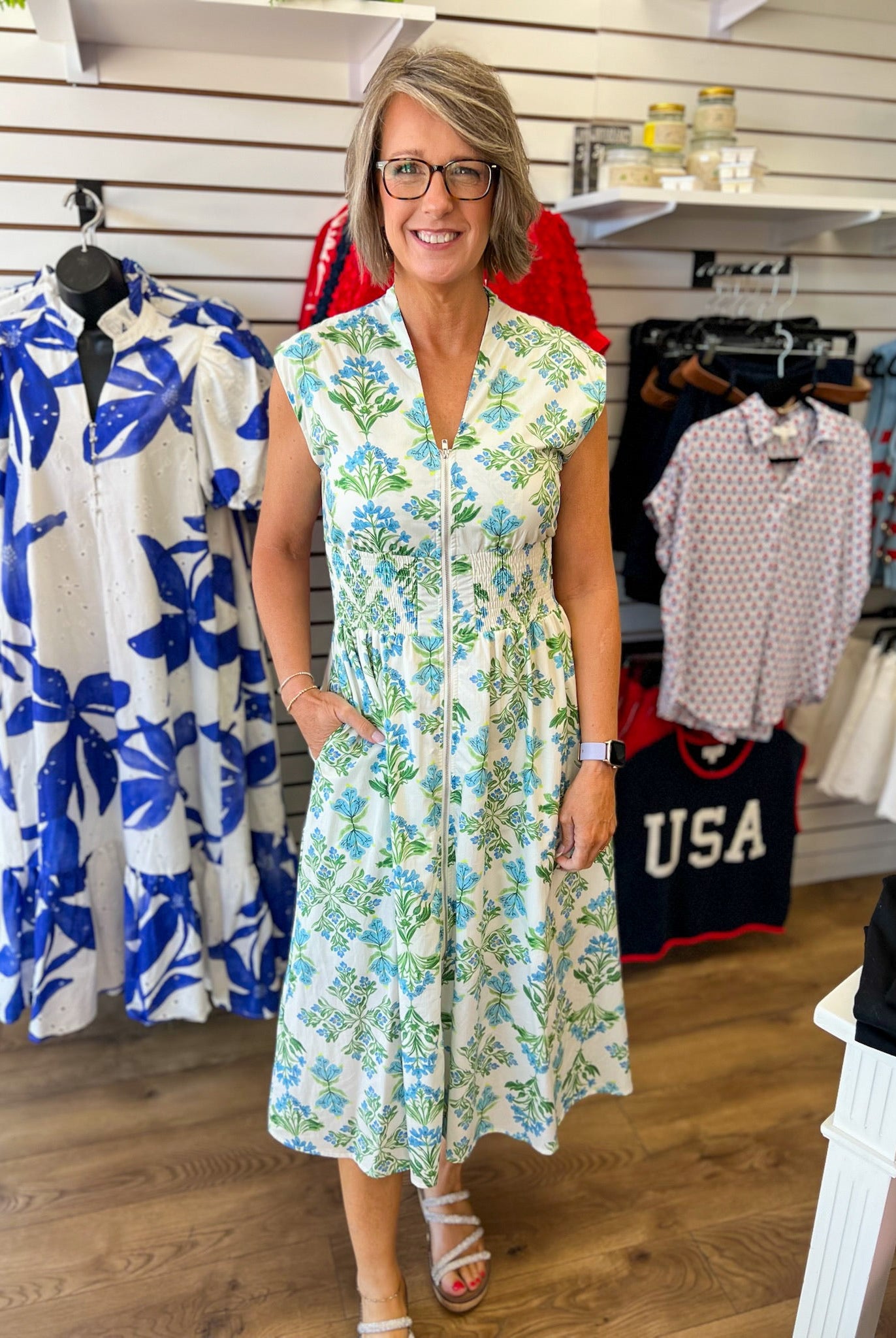 Blue Floral Zip Front Midi Dress with Pockets - A'Bekah's Boutique