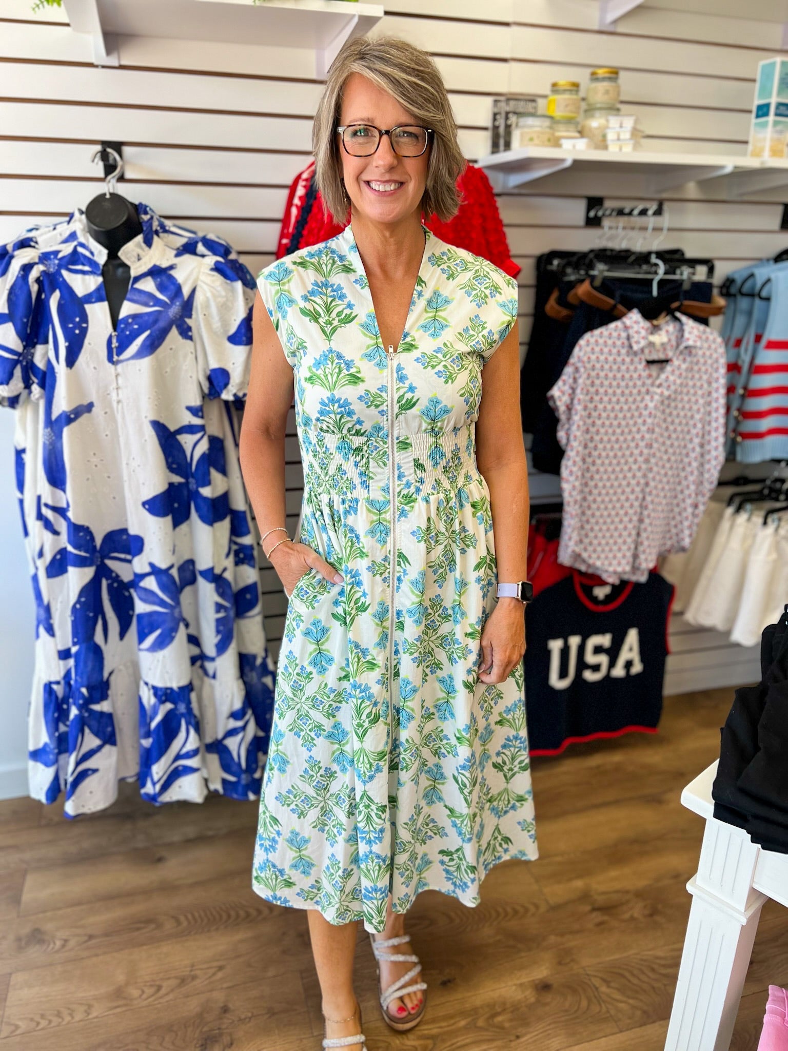 Blue Floral Zip Front Midi Dress with Pockets - A'Bekah's Boutique