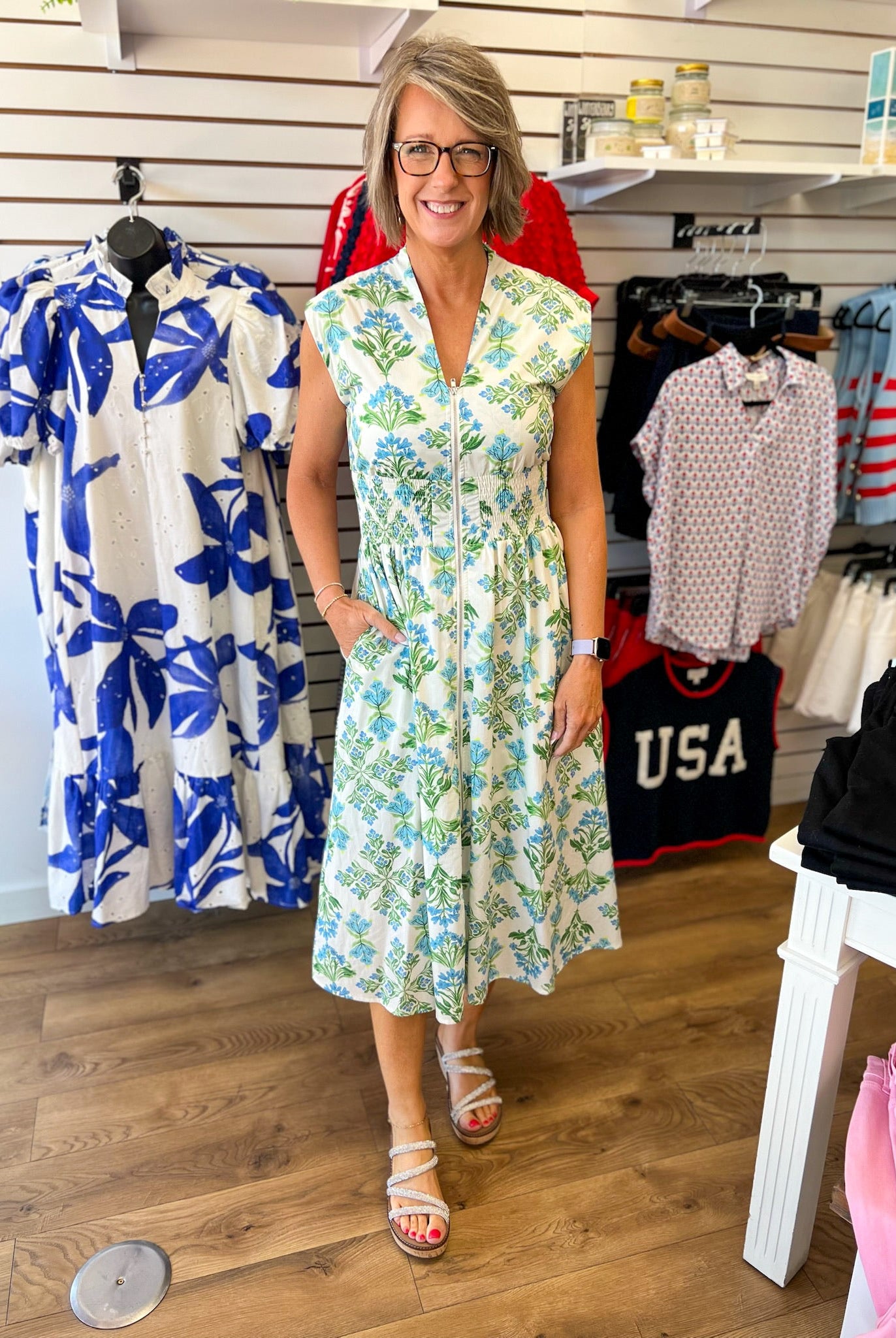 Blue Floral Zip Front Midi Dress with Pockets - A'Bekah's Boutique