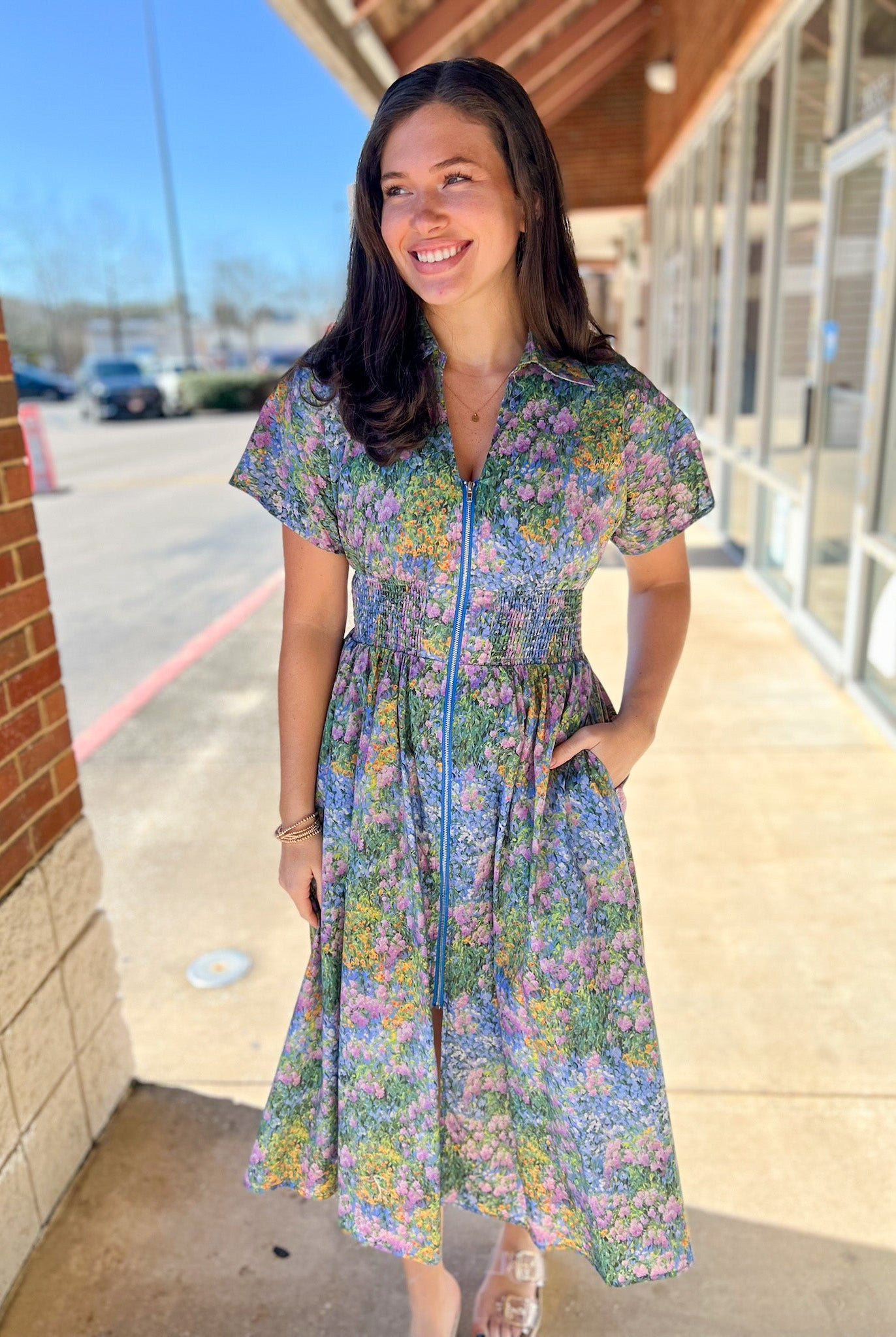 Blue Floral Zip Front Midi Dress with Pockets (R) - A'Bekah's Boutique