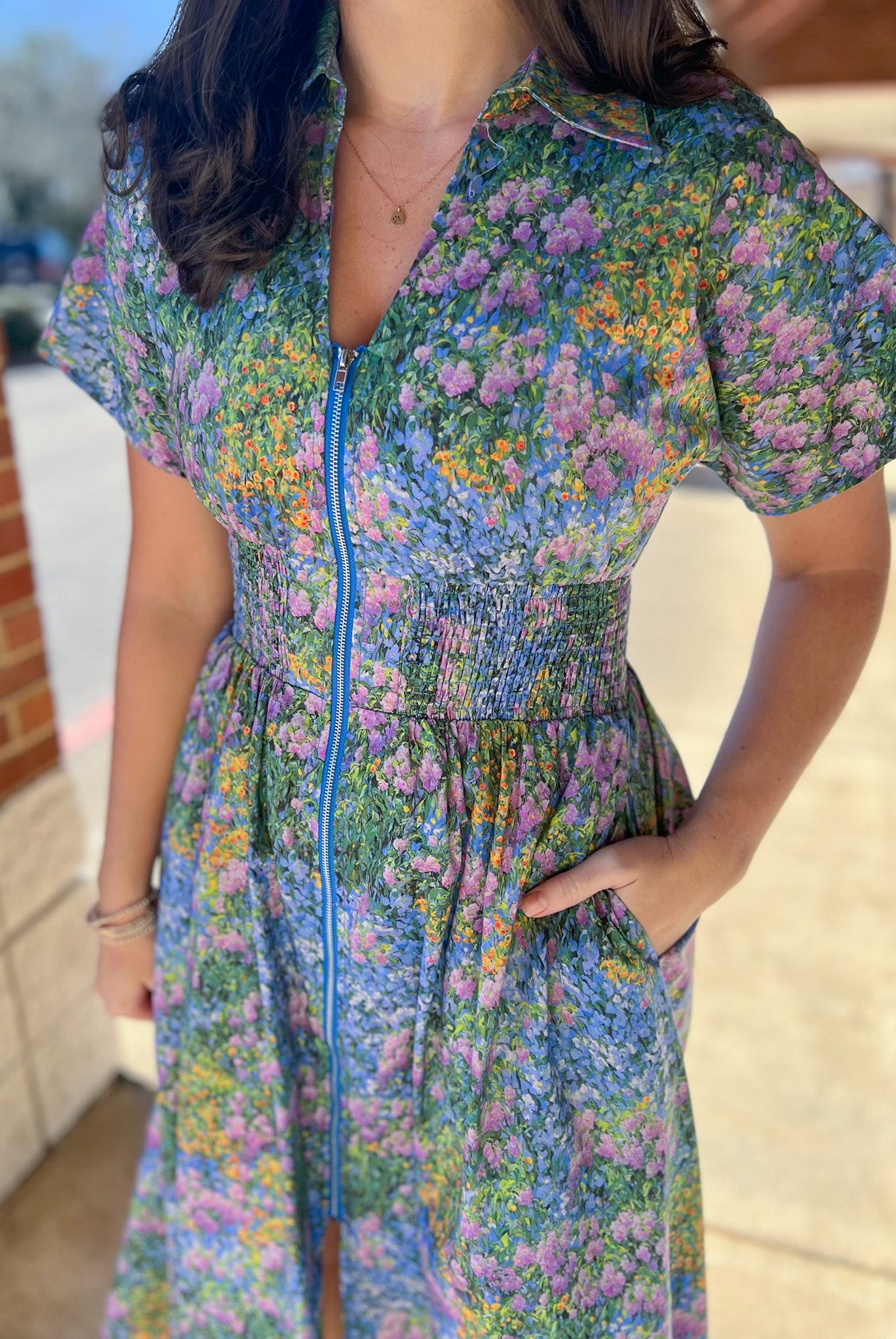 Blue Floral Zip Front Midi Dress with Pockets (R) - A'Bekah's Boutique
