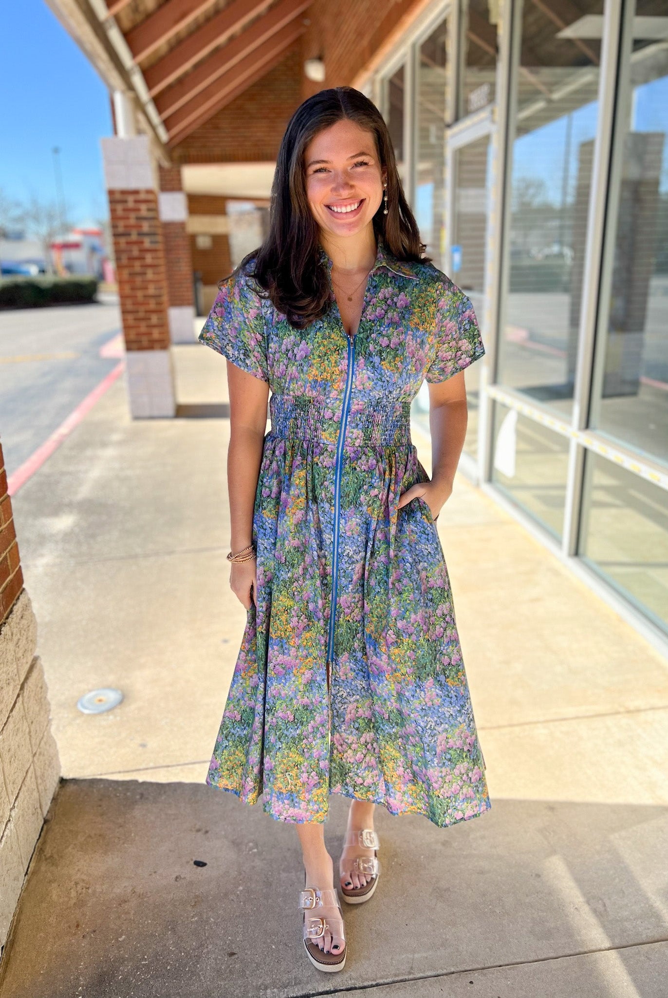 Blue Floral Zip Front Midi Dress with Pockets (R) - A'Bekah's Boutique