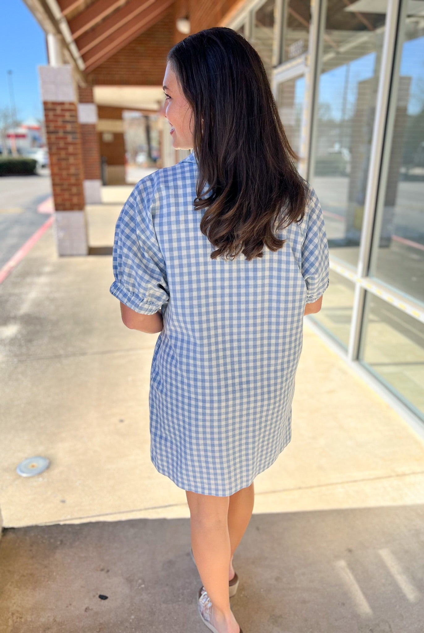 Blue Gingham V - Neck Dress with Pockets - A'Bekah's Boutique