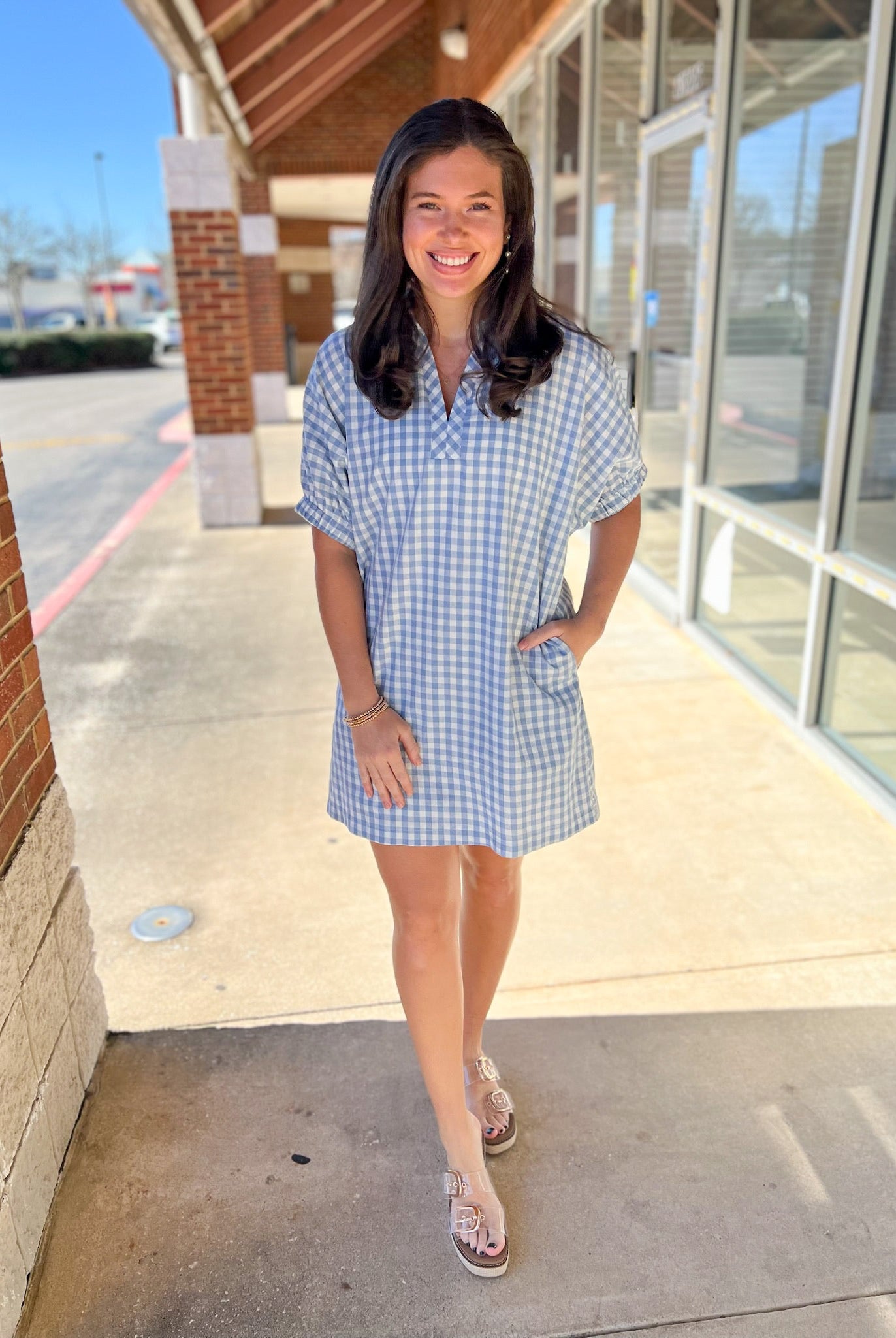 Blue Gingham V - Neck Dress with Pockets - A'Bekah's Boutique