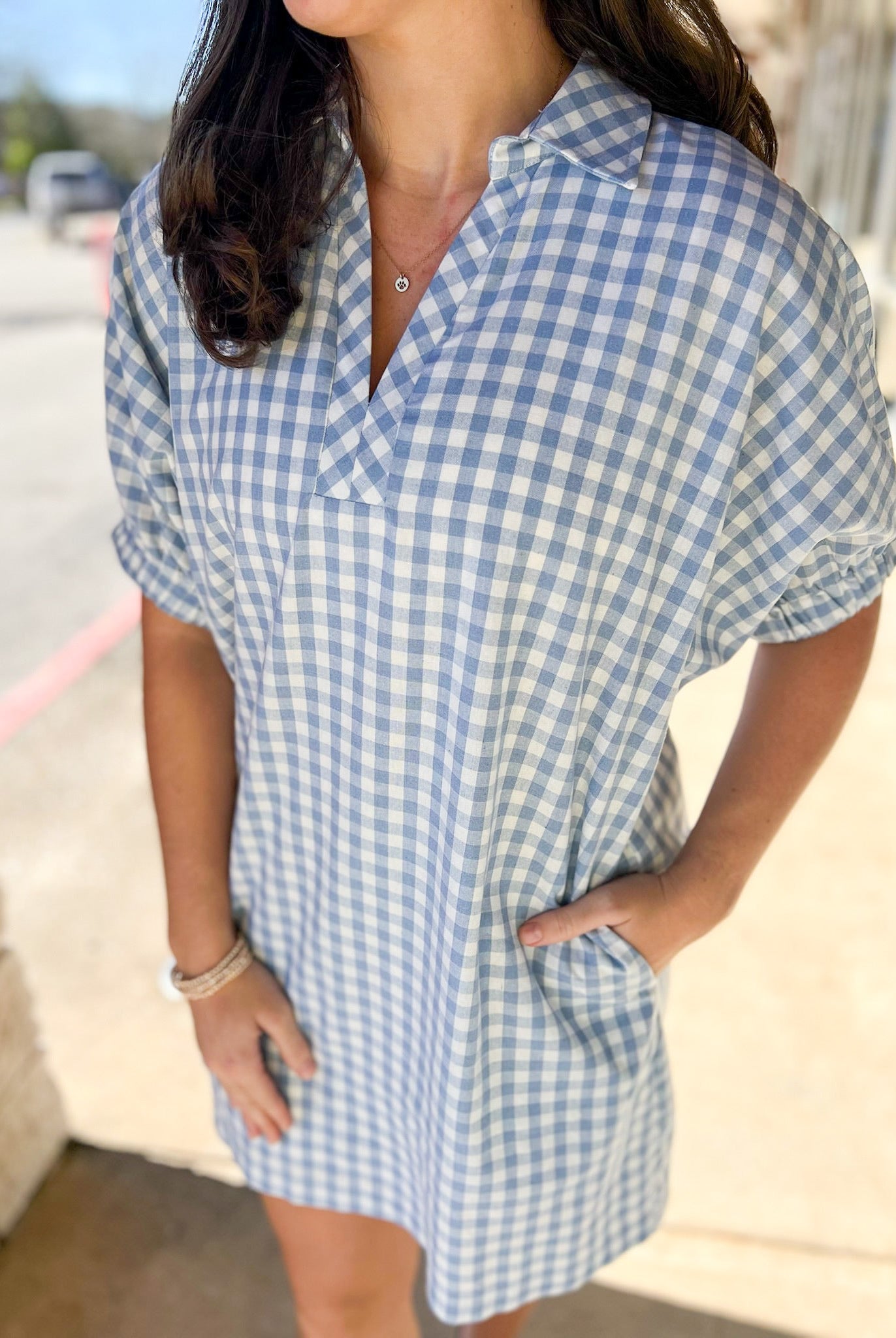 Blue Gingham V - Neck Dress with Pockets - A'Bekah's Boutique