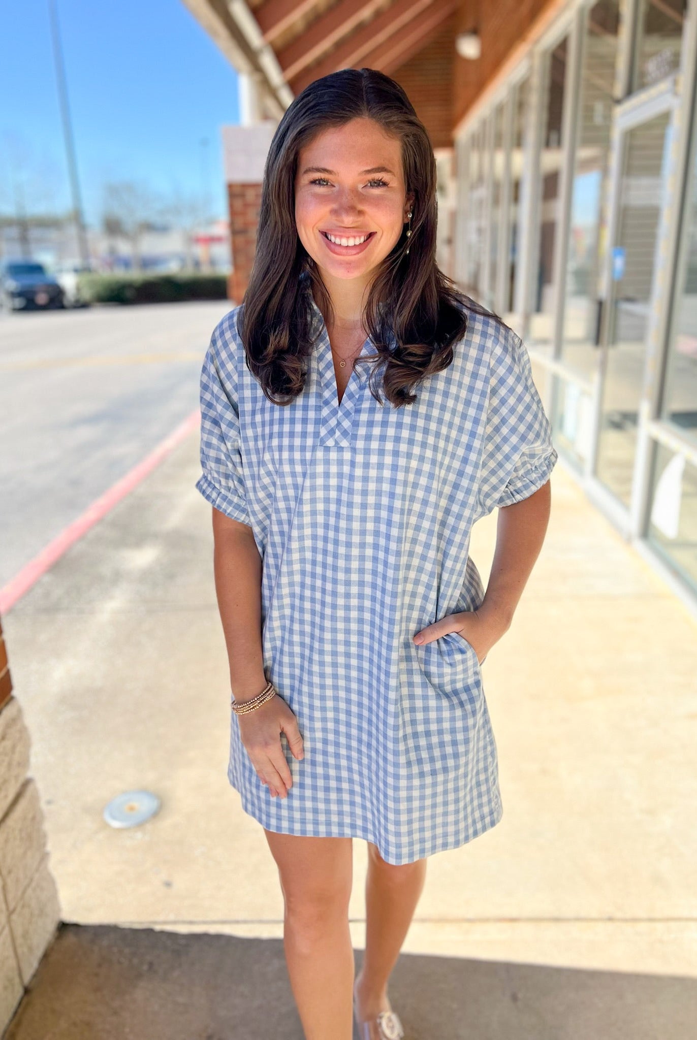 Blue Gingham V - Neck Dress with Pockets - A'Bekah's Boutique