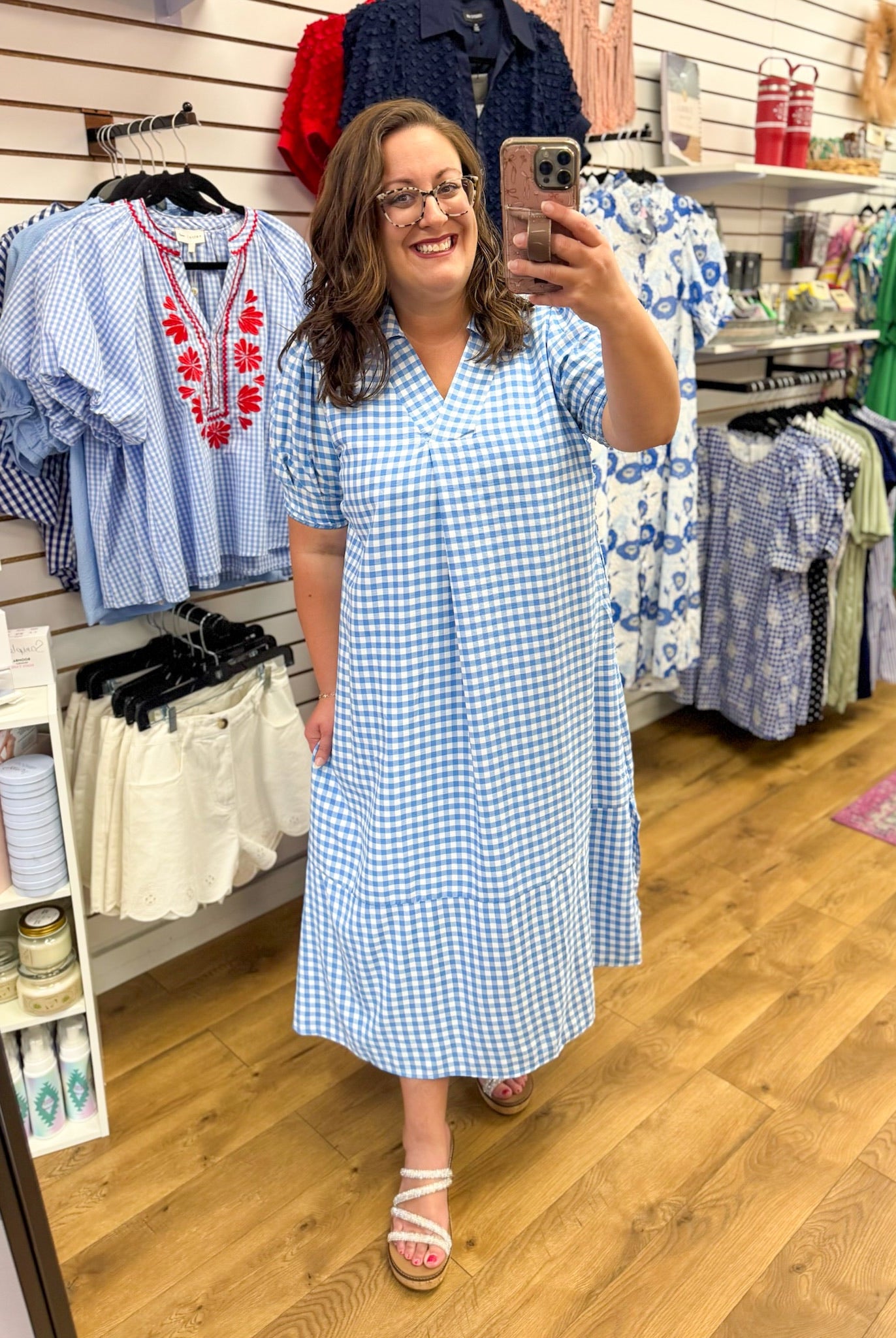 Blue Gingham V-Neck Midi Dress - A'Bekah's Boutique