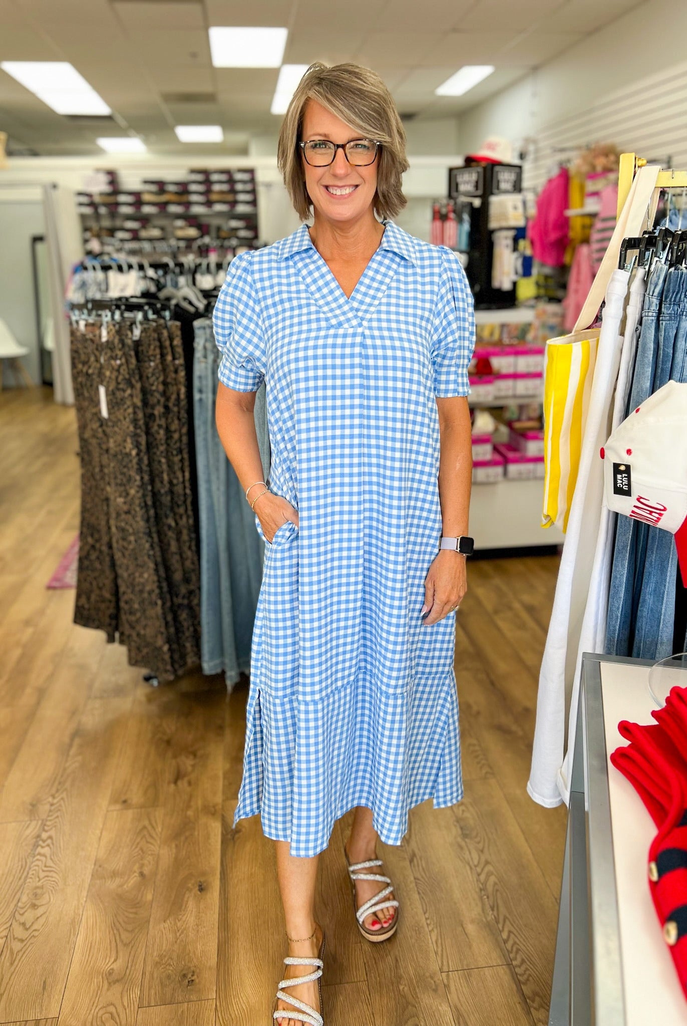 Blue Gingham V-Neck Midi Dress - A'Bekah's Boutique