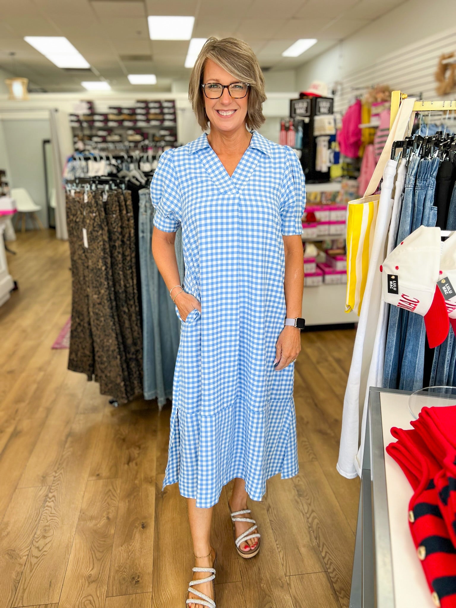 Blue Gingham V-Neck Midi Dress - A'Bekah's Boutique