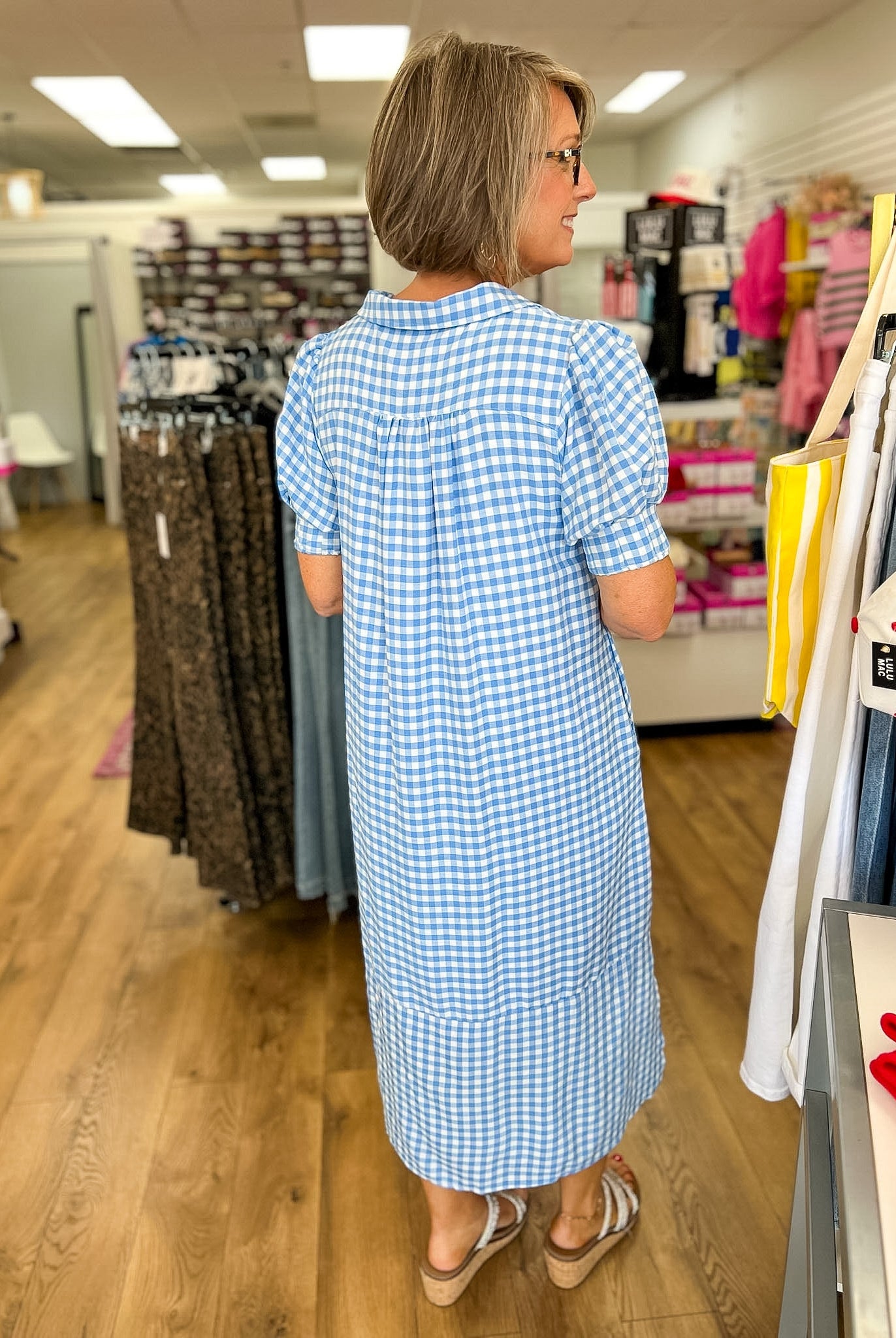 Blue Gingham V-Neck Midi Dress - A'Bekah's Boutique