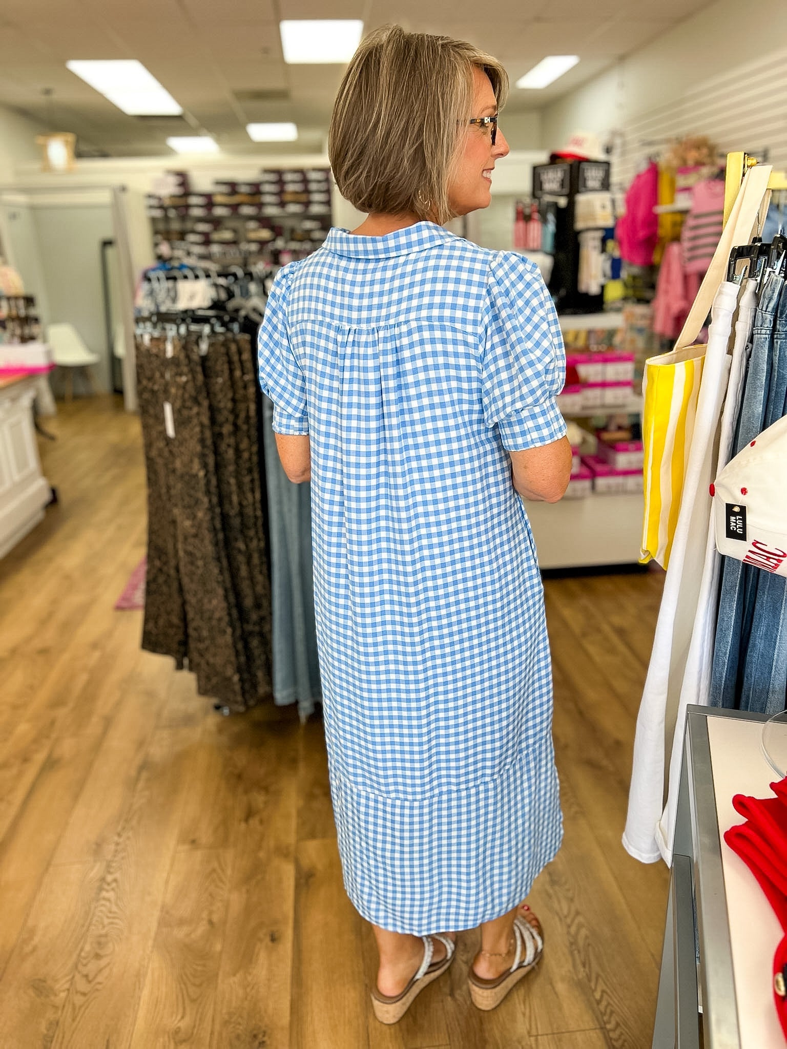 Blue Gingham V-Neck Midi Dress - A'Bekah's Boutique