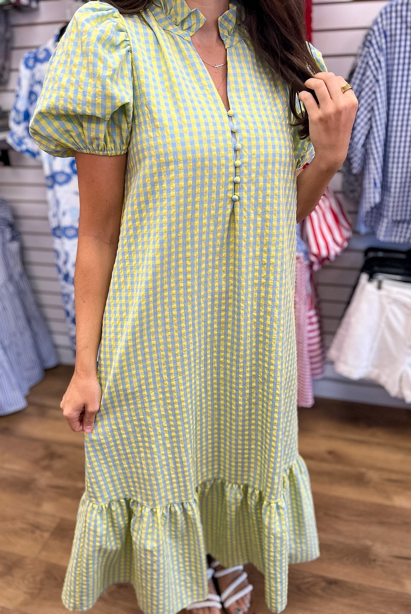 Blue Gingham V-neck Midi Dress with Short Puff Sleeves - A'Bekah's Boutique