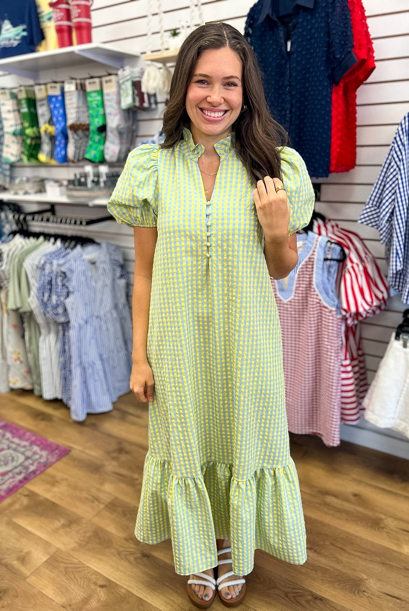 Blue Gingham V-neck Midi Dress with Short Puff Sleeves - A'Bekah's Boutique